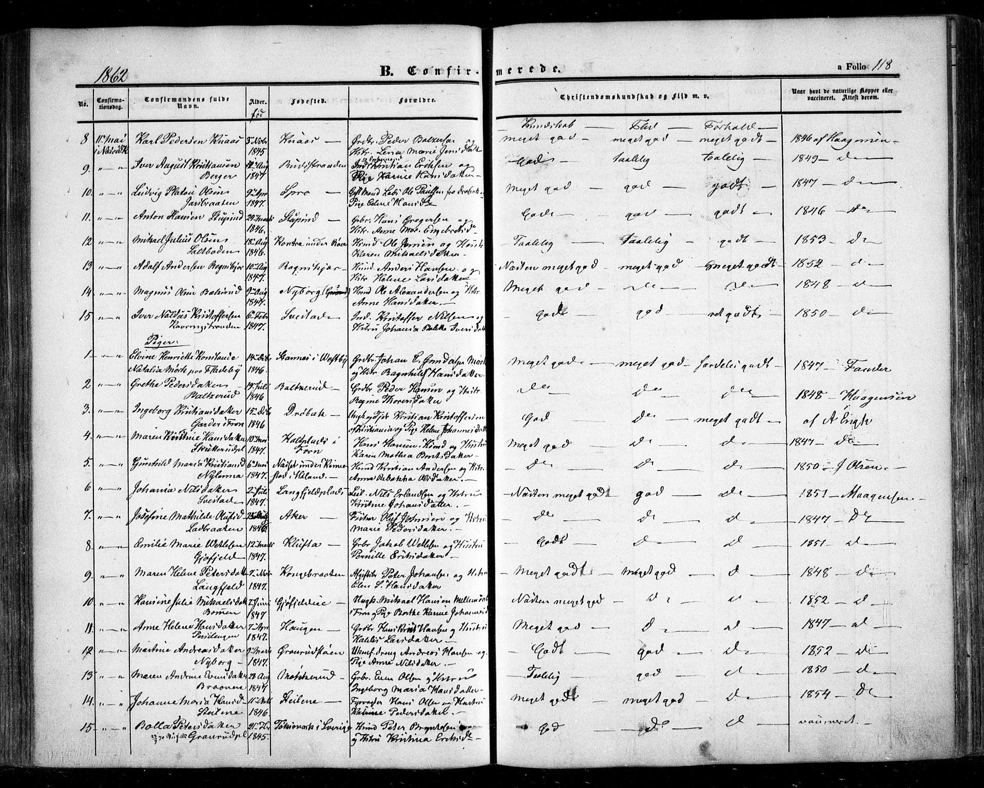 Nesodden prestekontor Kirkebøker, SAO/A-10013/F/Fa/L0007: Parish register (official) no. I 7, 1848-1868, p. 118