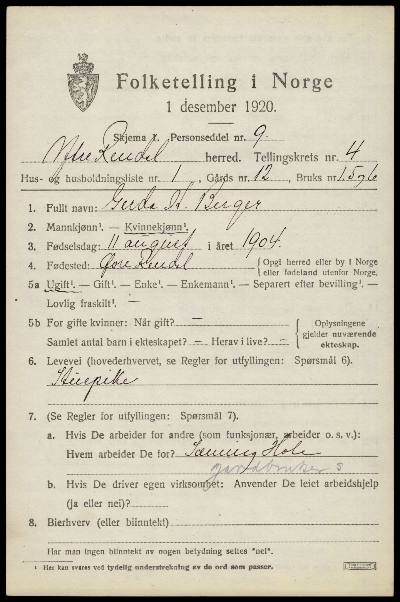 SAH, 1920 census for Ytre Rendal, 1920, p. 2065