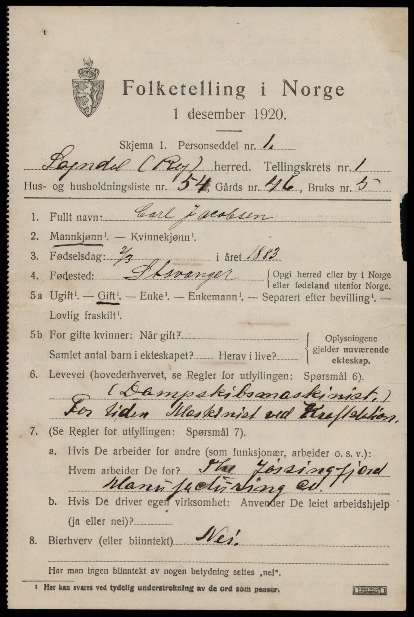 SAST, 1920 census for Sokndal, 1920, p. 1699