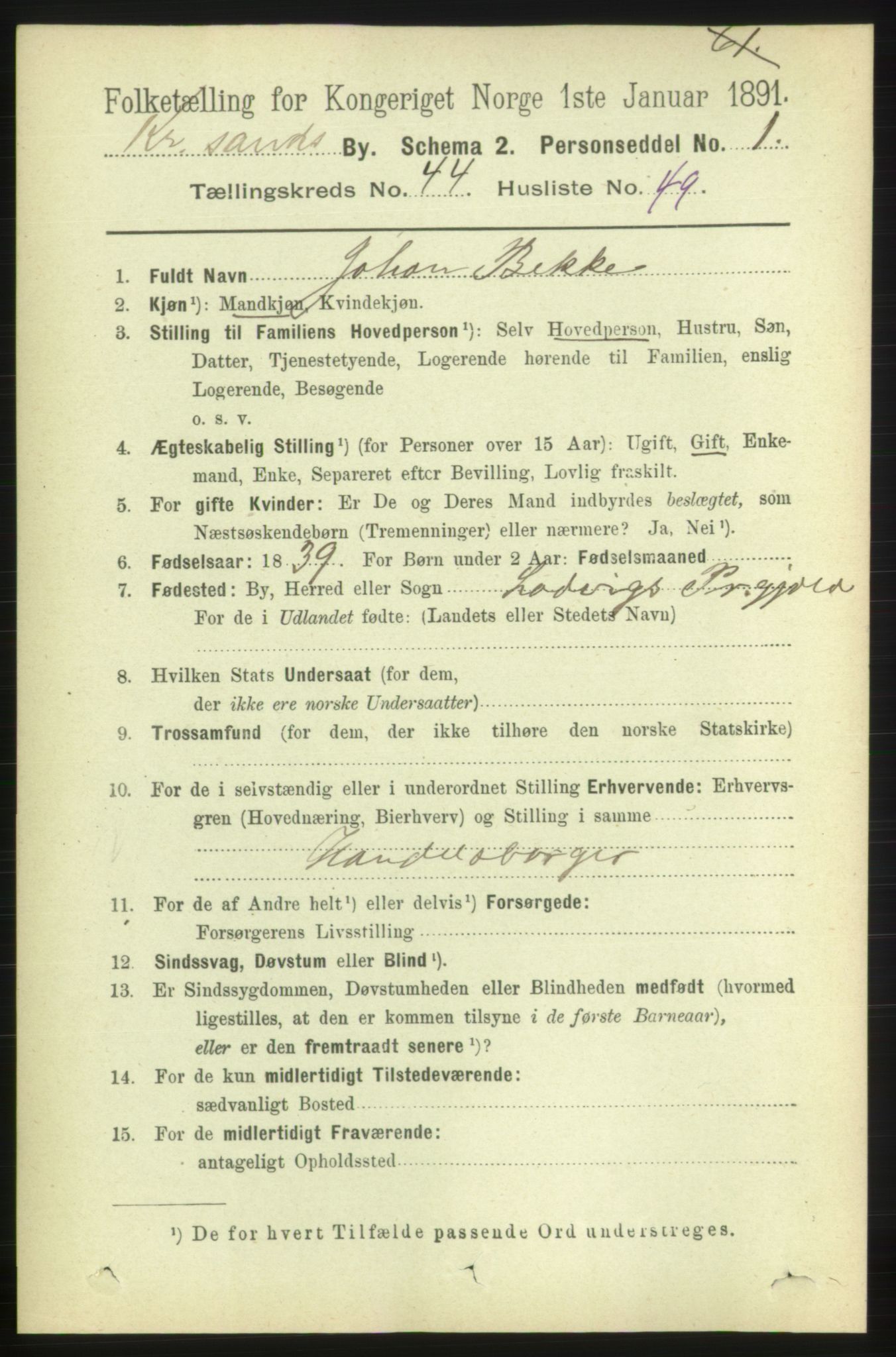 RA, 1891 census for 1001 Kristiansand, 1891, p. 13894