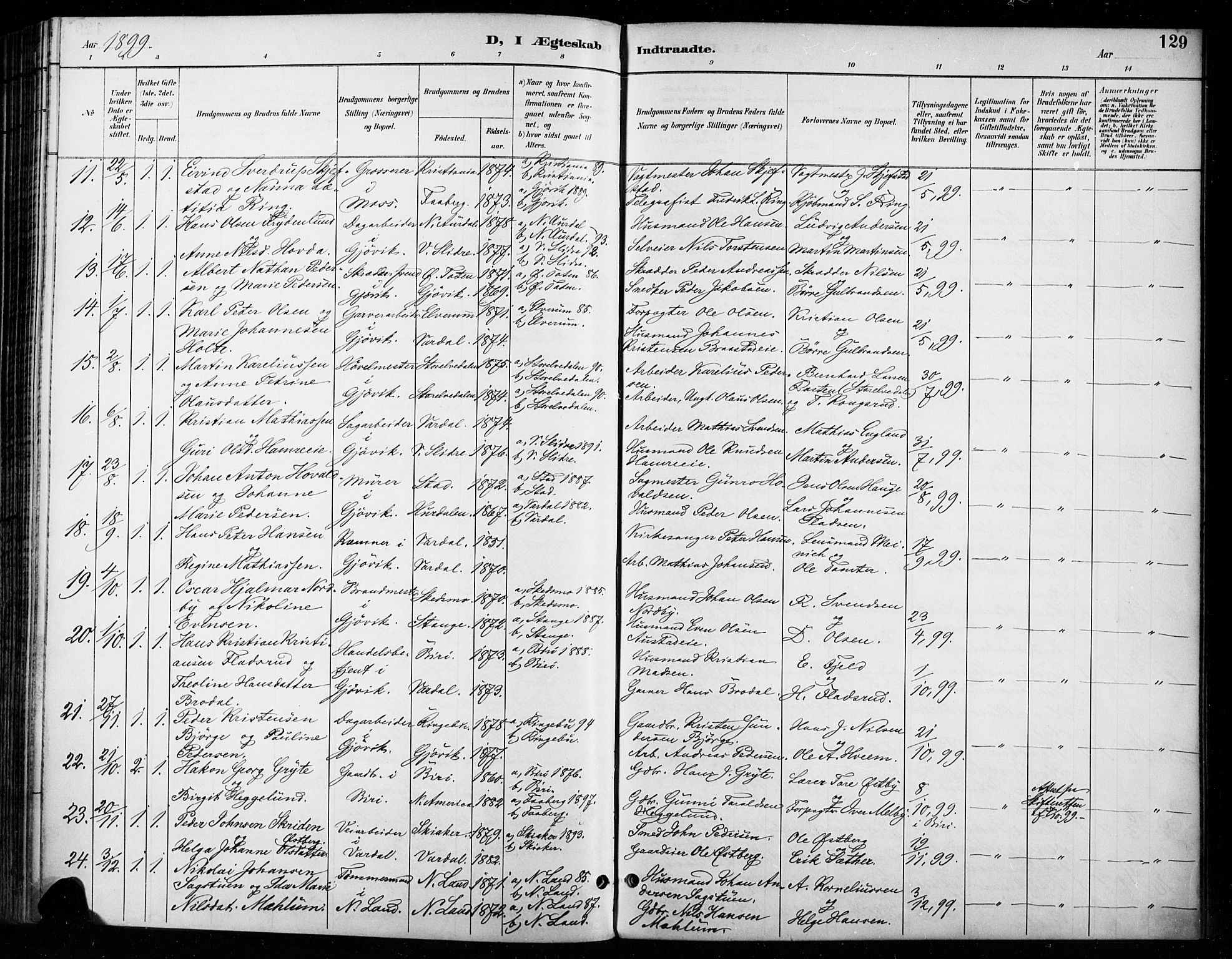 Vardal prestekontor, SAH/PREST-100/H/Ha/Haa/L0011: Parish register (official) no. 11, 1891-1901, p. 129