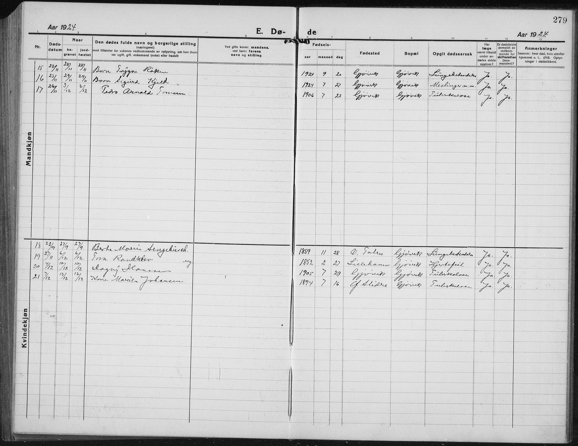 Vardal prestekontor, AV/SAH-PREST-100/H/Ha/Hab/L0017: Parish register (copy) no. 17, 1922-1941, p. 279