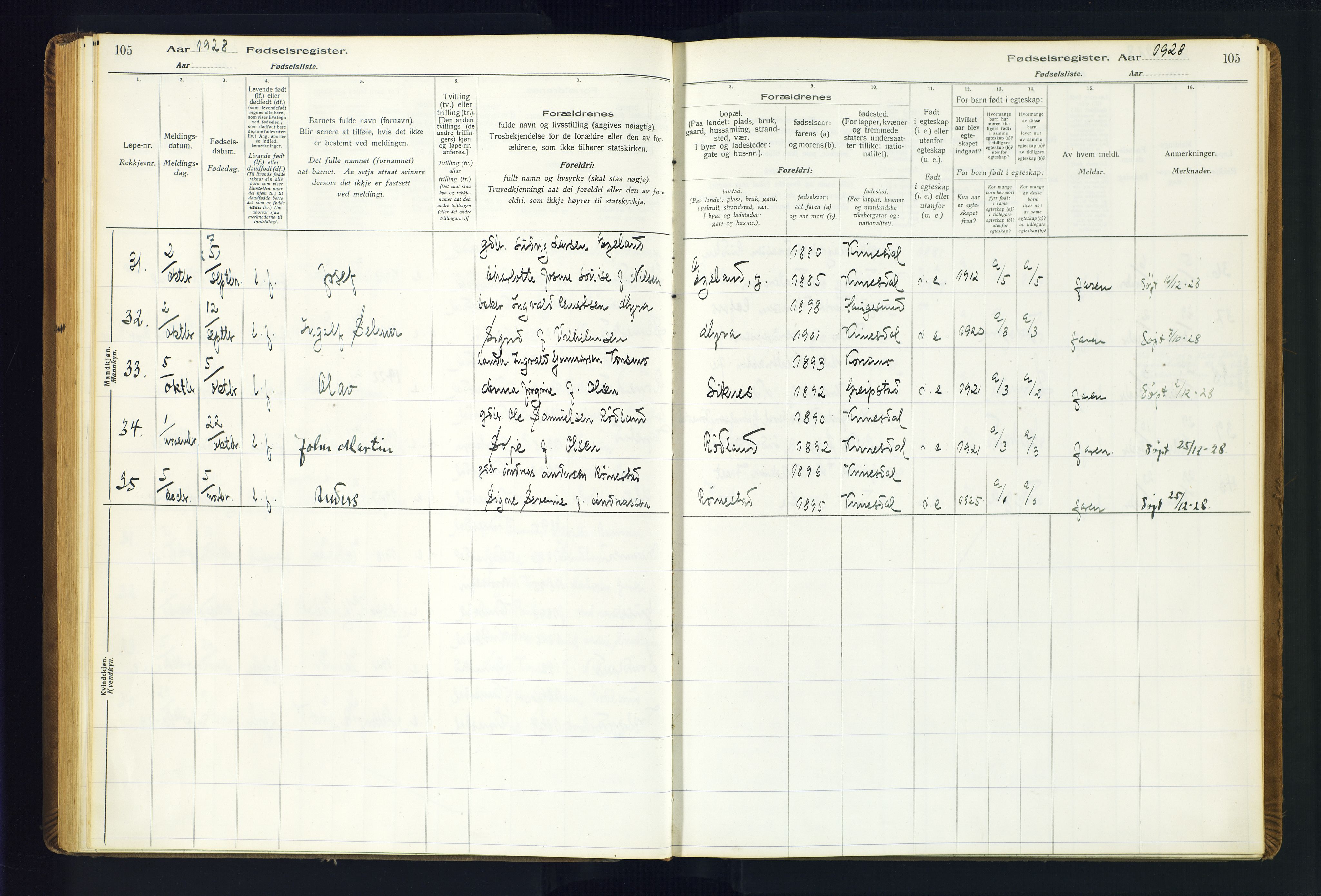 Kvinesdal sokneprestkontor, AV/SAK-1111-0026/J/Ja/L0001: Birth register no. 1, 1916-1941, p. 105