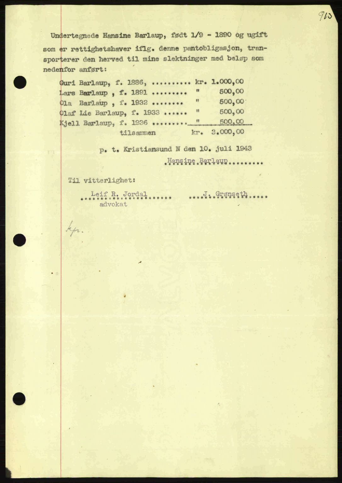 Nordmøre sorenskriveri, AV/SAT-A-4132/1/2/2Ca: Mortgage book no. B90, 1942-1943, Diary no: : 1594/1943