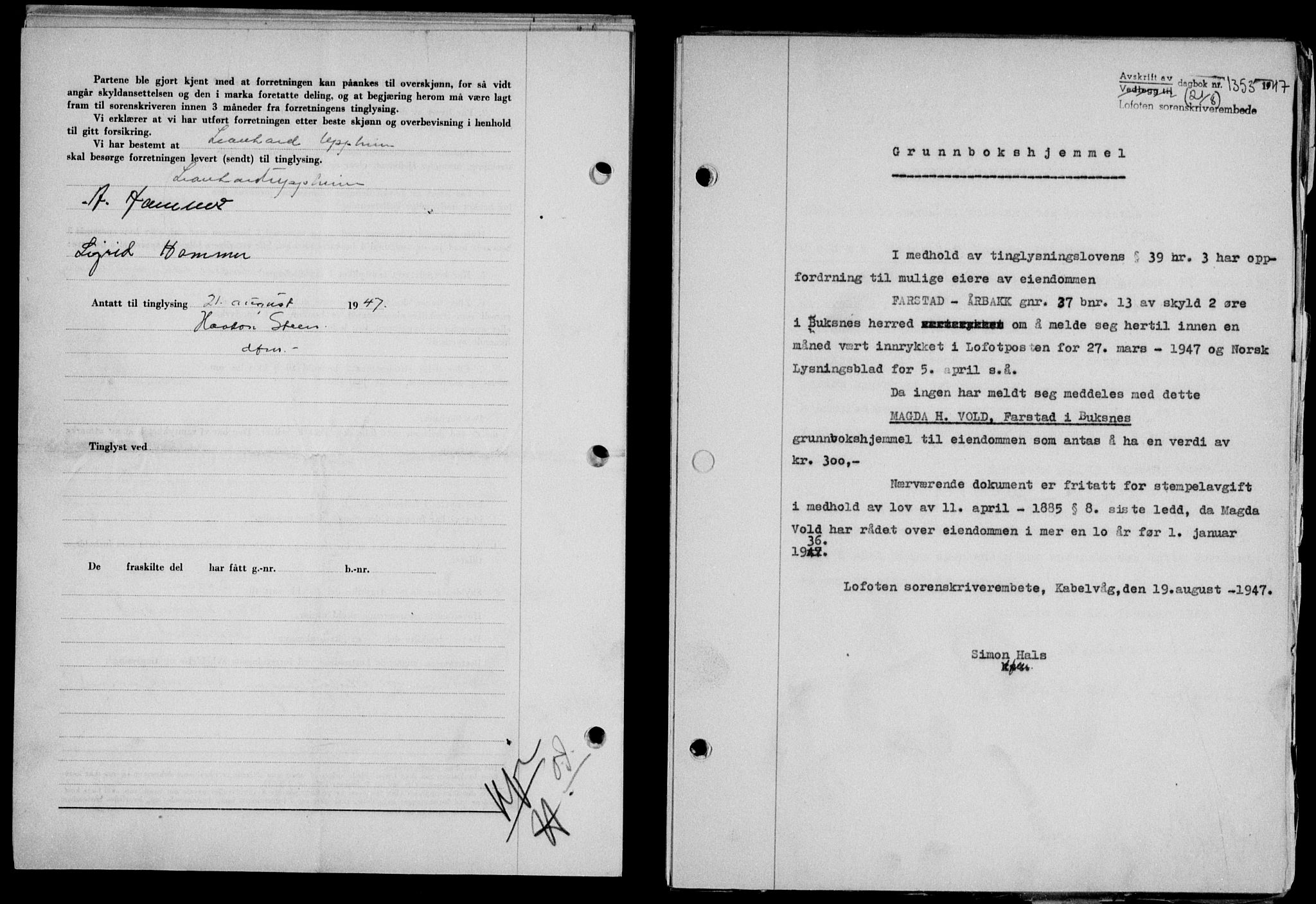 Lofoten sorenskriveri, SAT/A-0017/1/2/2C/L0016a: Mortgage book no. 16a, 1947-1947, Diary no: : 1353/1947