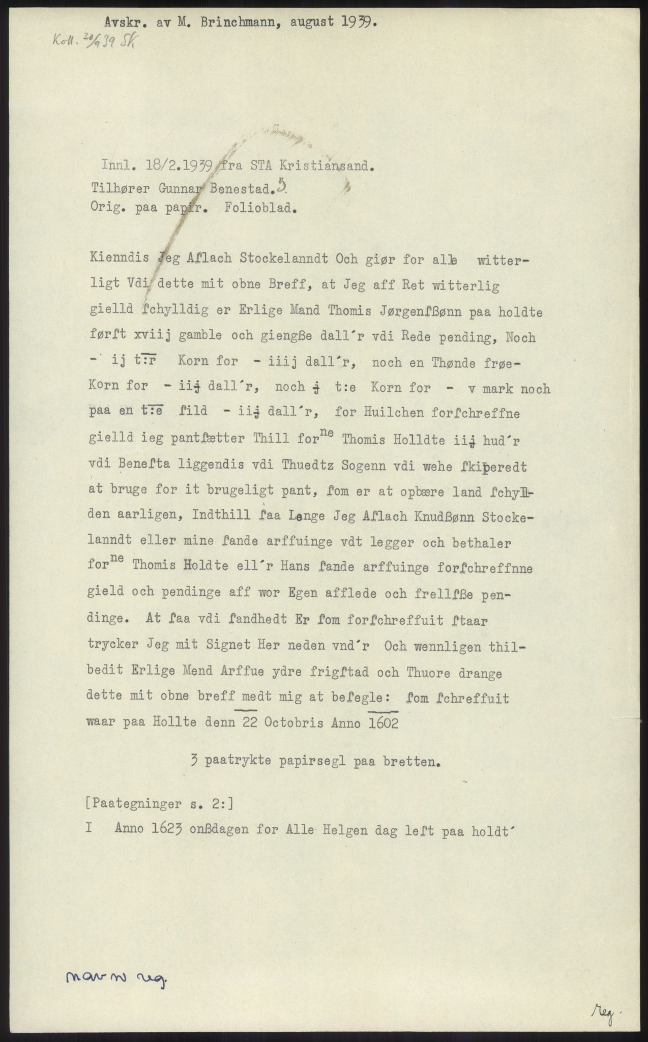 Samlinger til kildeutgivelse, Diplomavskriftsamlingen, AV/RA-EA-4053/H/Ha, p. 601