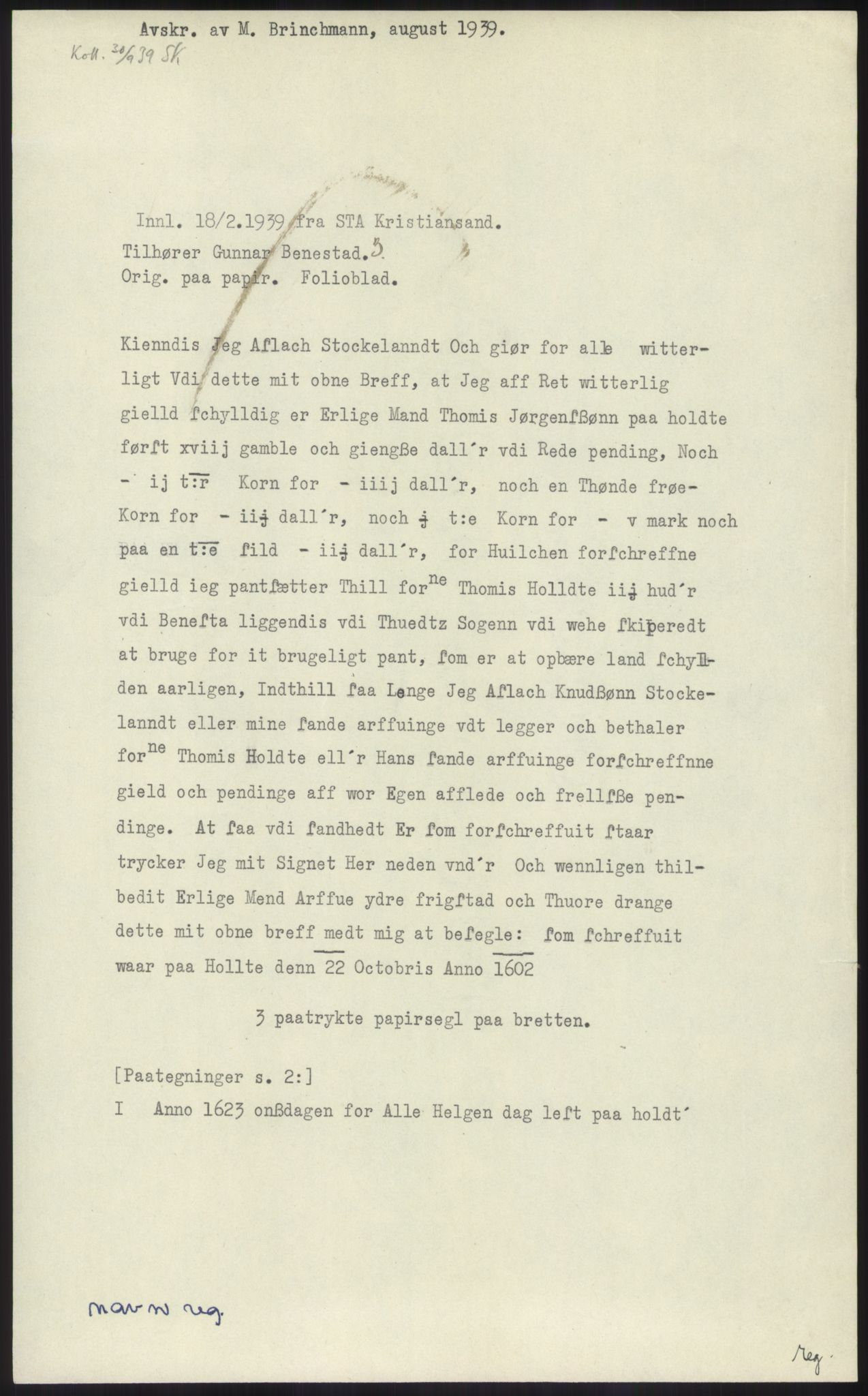 Samlinger til kildeutgivelse, Diplomavskriftsamlingen, RA/EA-4053/H/Ha, p. 601