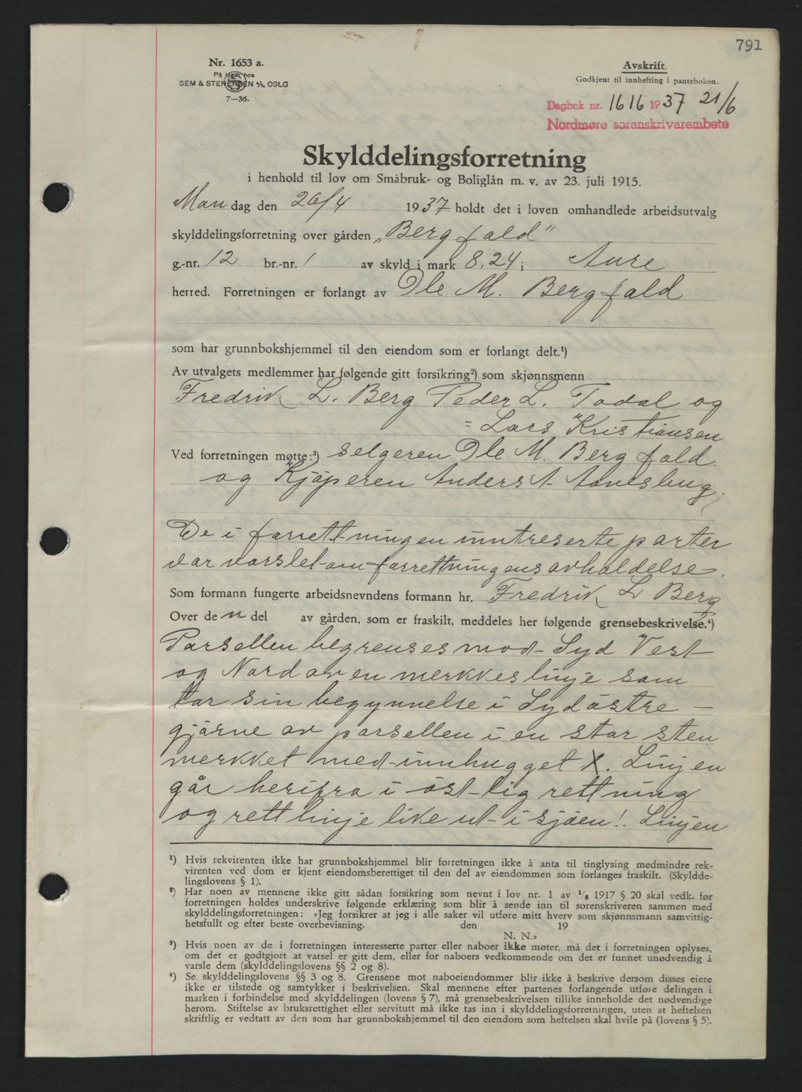 Nordmøre sorenskriveri, AV/SAT-A-4132/1/2/2Ca: Mortgage book no. A81, 1937-1937, Diary no: : 1616/1937