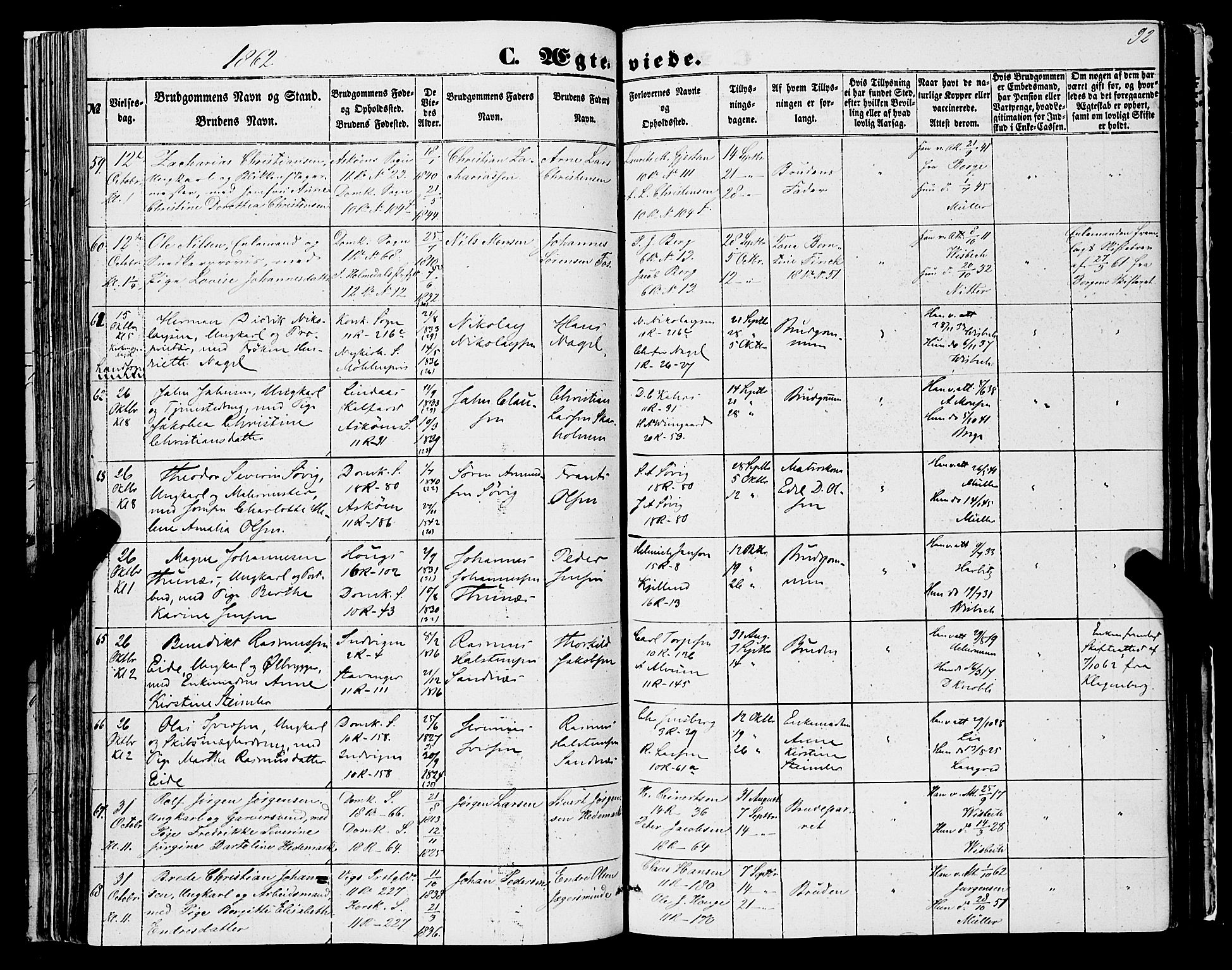 Domkirken sokneprestembete, AV/SAB-A-74801/H/Haa/L0034: Parish register (official) no. D 2, 1853-1874, p. 92