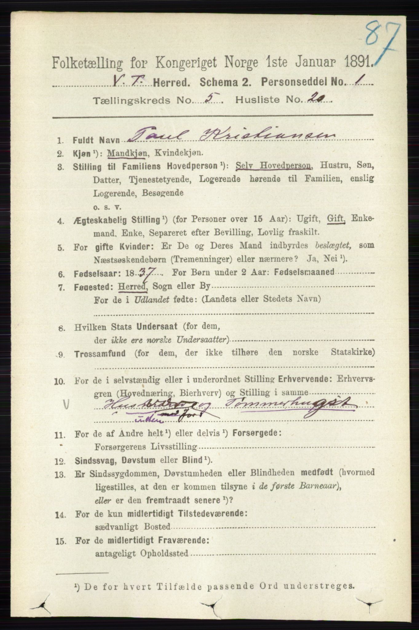 RA, 1891 census for 0529 Vestre Toten, 1891, p. 3324