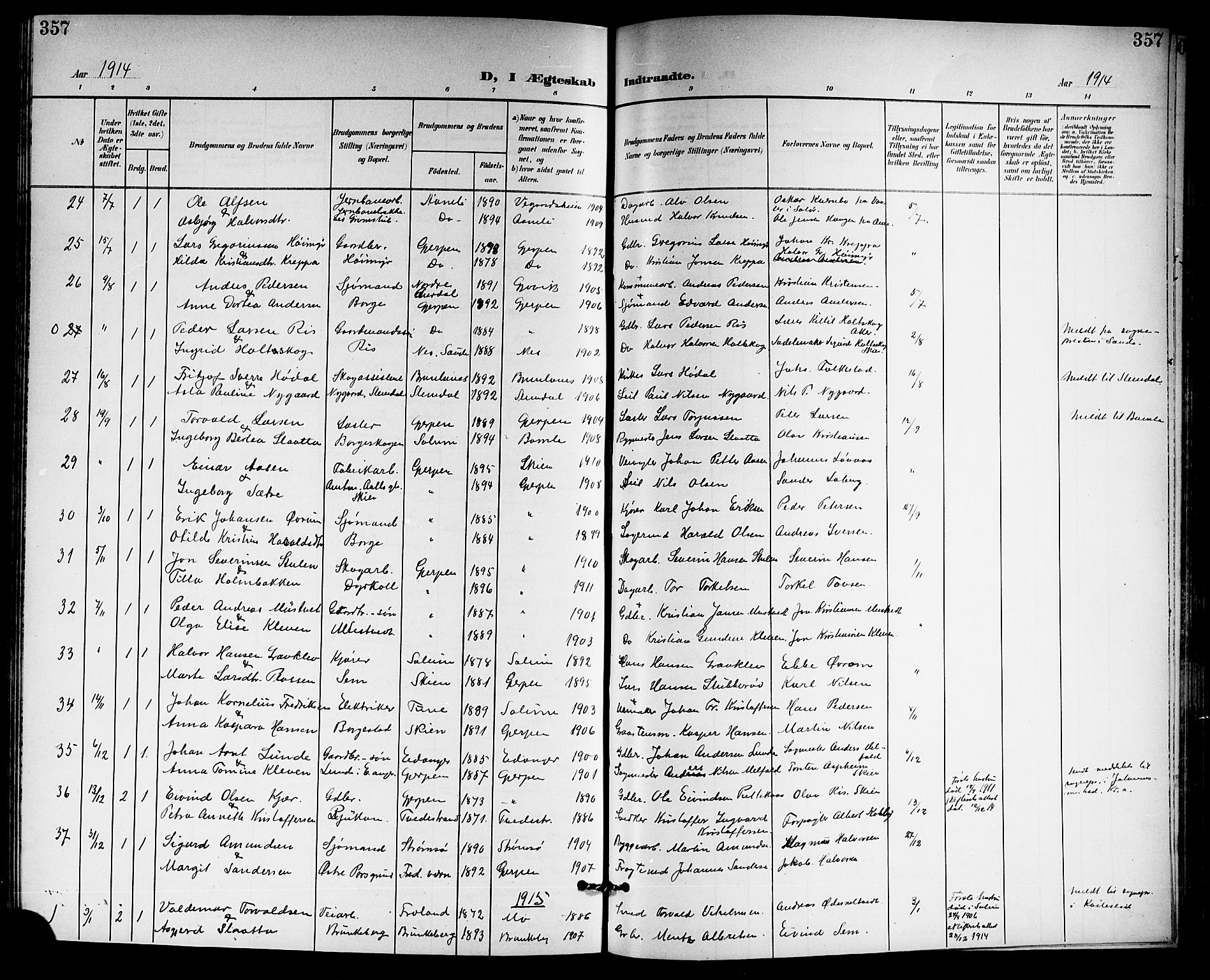 Gjerpen kirkebøker, SAKO/A-265/G/Ga/L0003: Parish register (copy) no. I 3, 1901-1919, p. 357