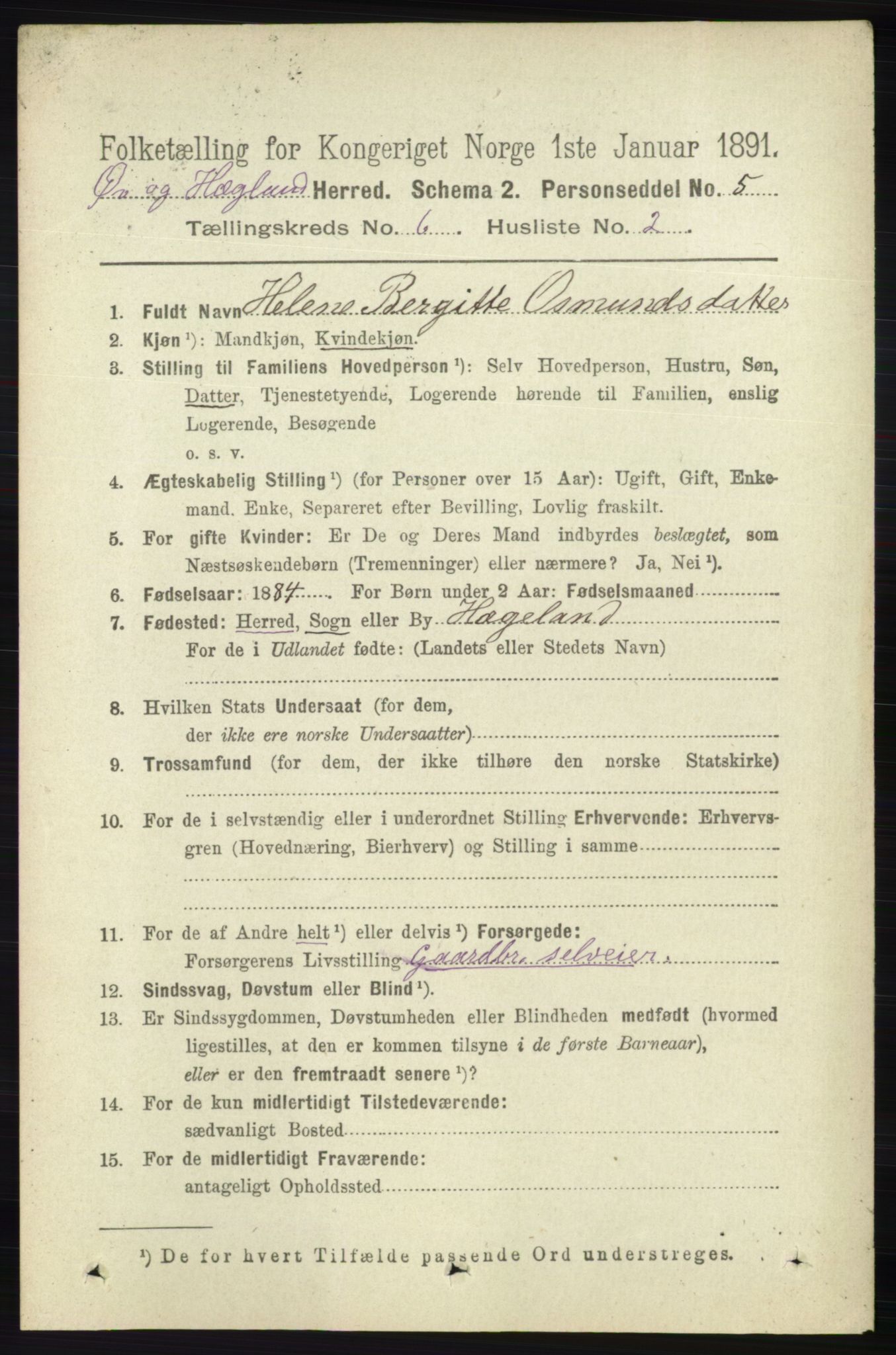 RA, 1891 census for 1016 Øvrebø og Hægeland, 1891, p. 1176