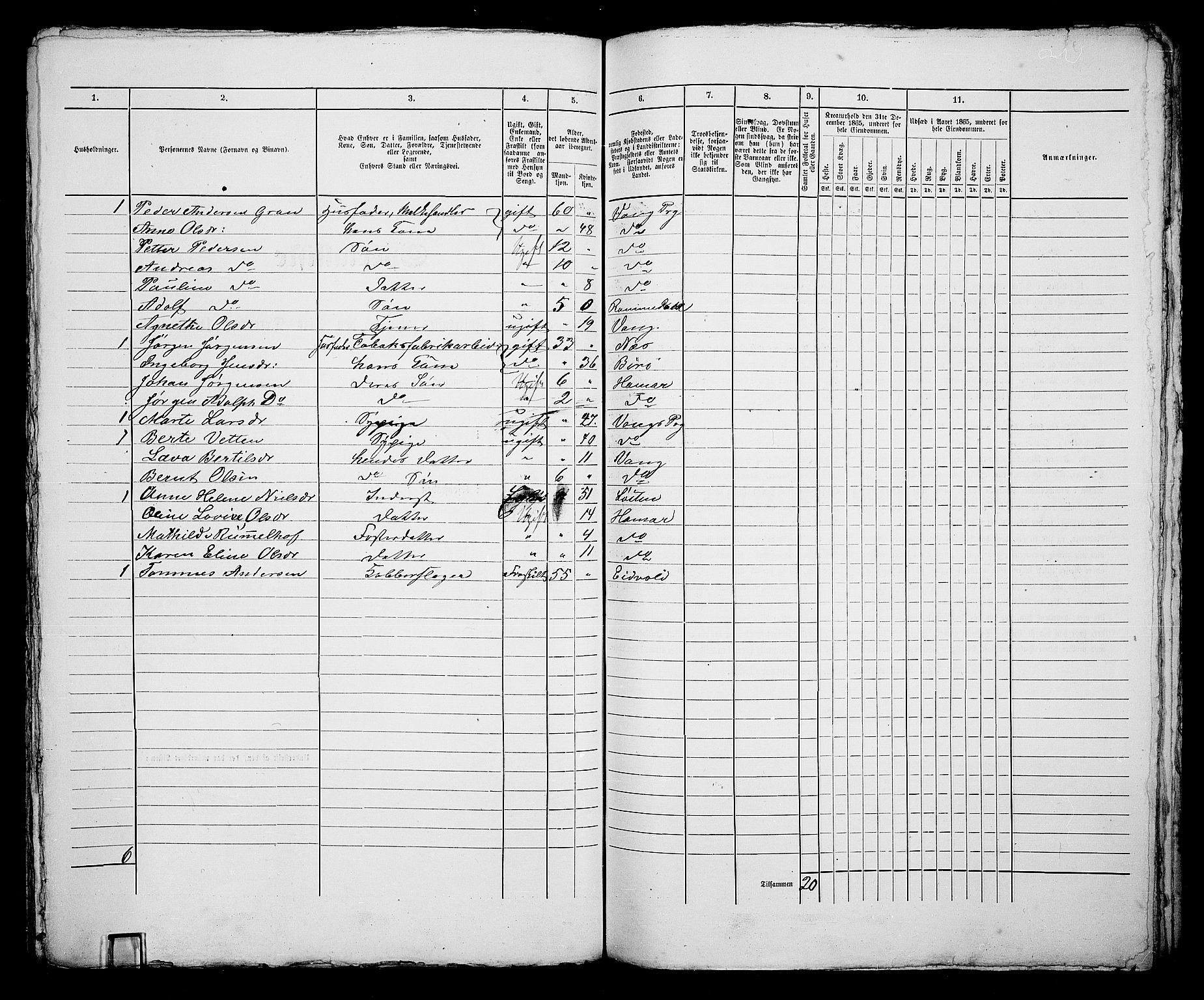 RA, 1865 census for Vang/Hamar, 1865, p. 184