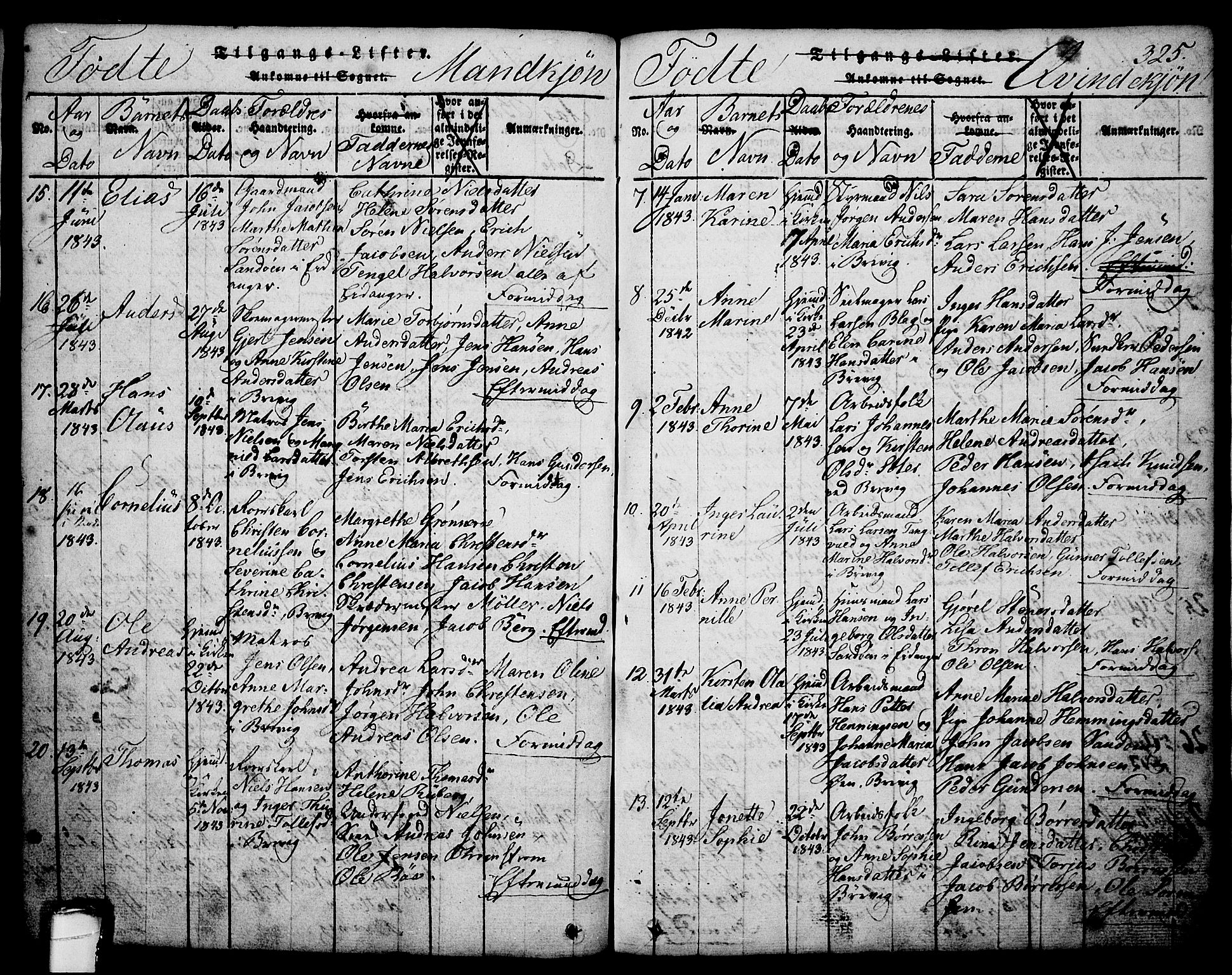 Brevik kirkebøker, AV/SAKO-A-255/G/Ga/L0001: Parish register (copy) no. 1, 1814-1845, p. 325