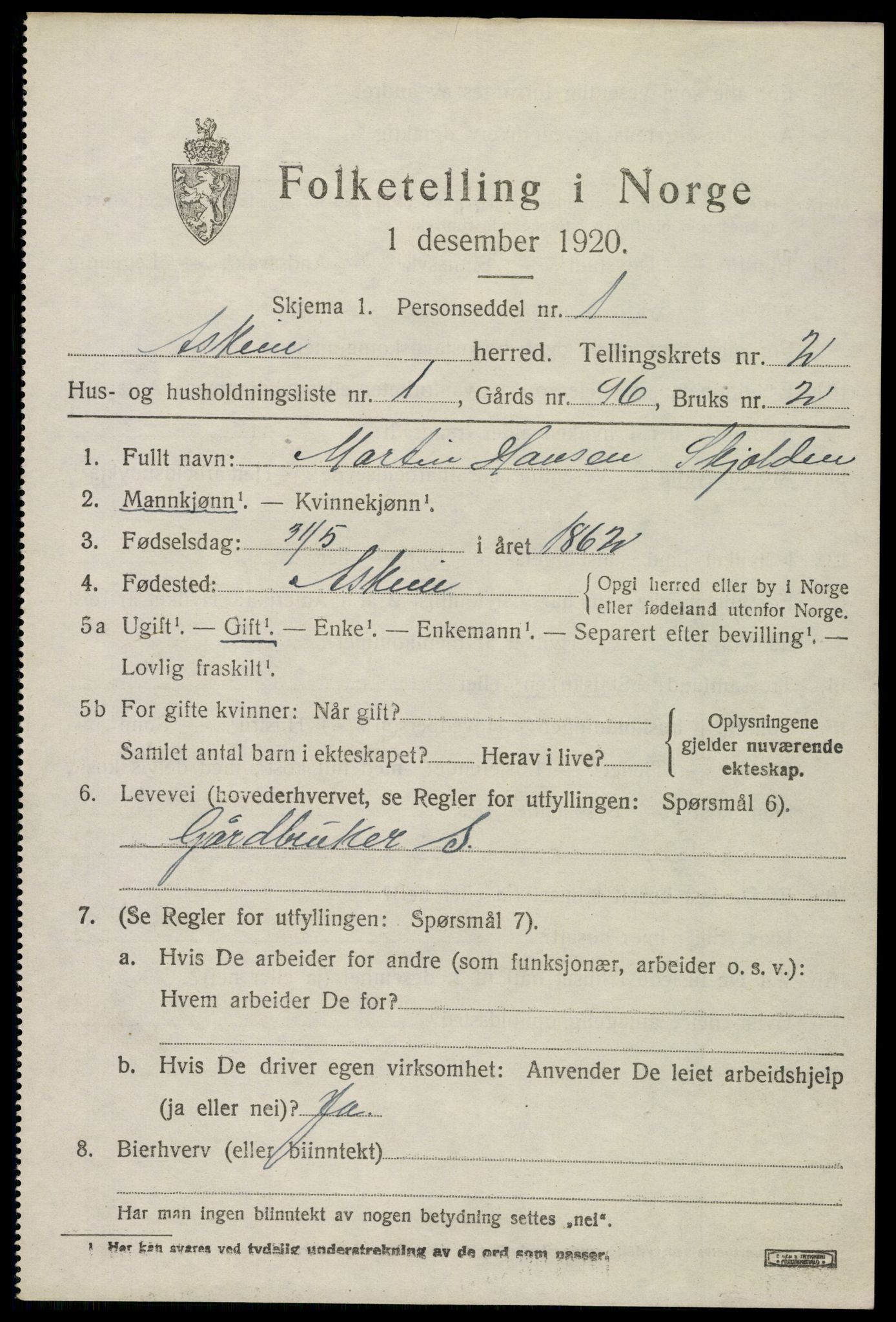 SAO, 1920 census for Askim, 1920, p. 4587