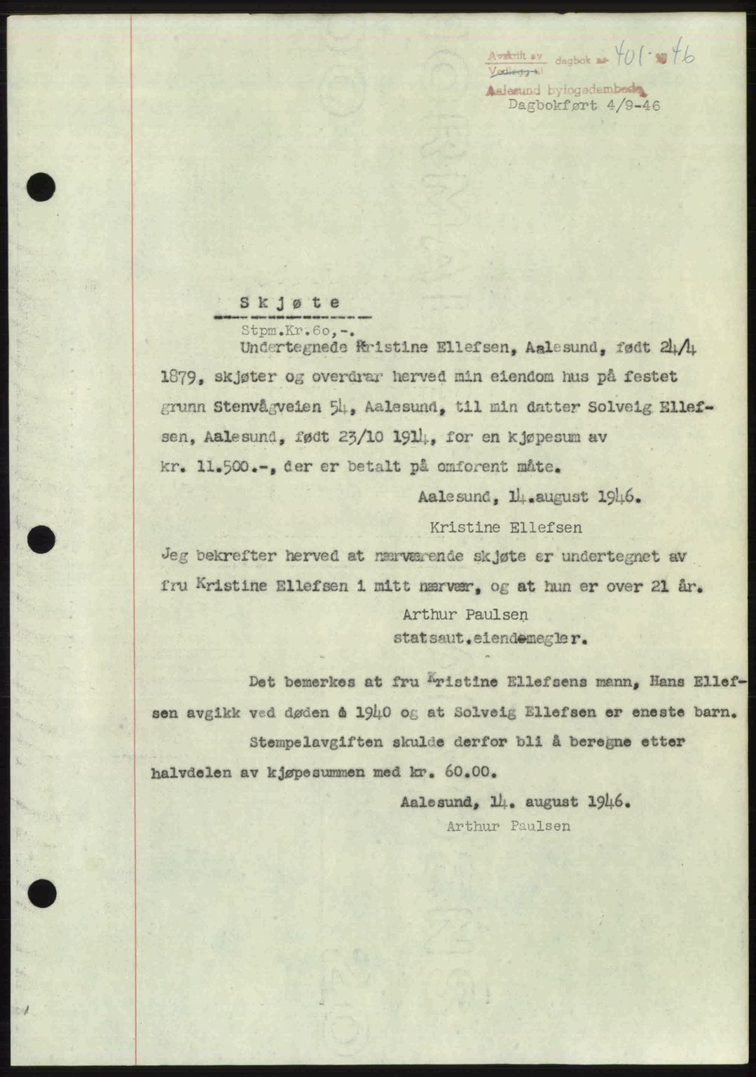 Ålesund byfogd, AV/SAT-A-4384: Mortgage book no. 36b, 1946-1947, Diary no: : 401/1946