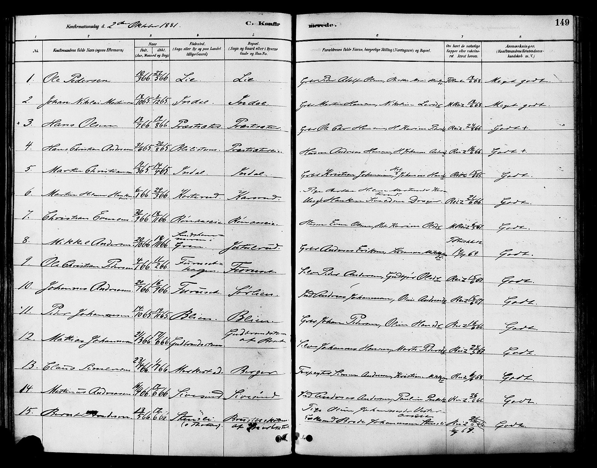 Vestre Toten prestekontor, SAH/PREST-108/H/Ha/Haa/L0009: Parish register (official) no. 9, 1878-1894, p. 149