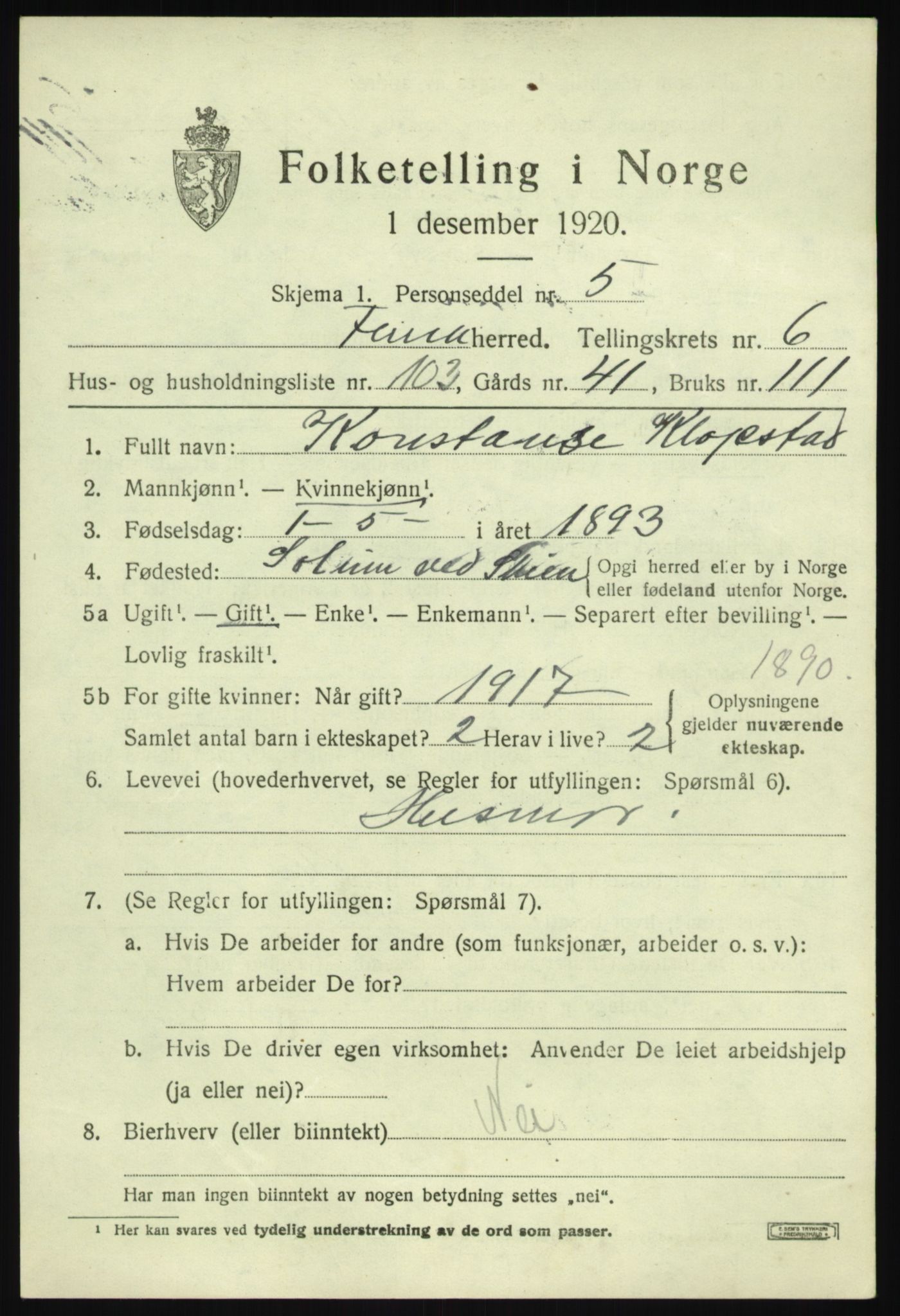 SAB, 1920 census for Fana, 1920, p. 12065