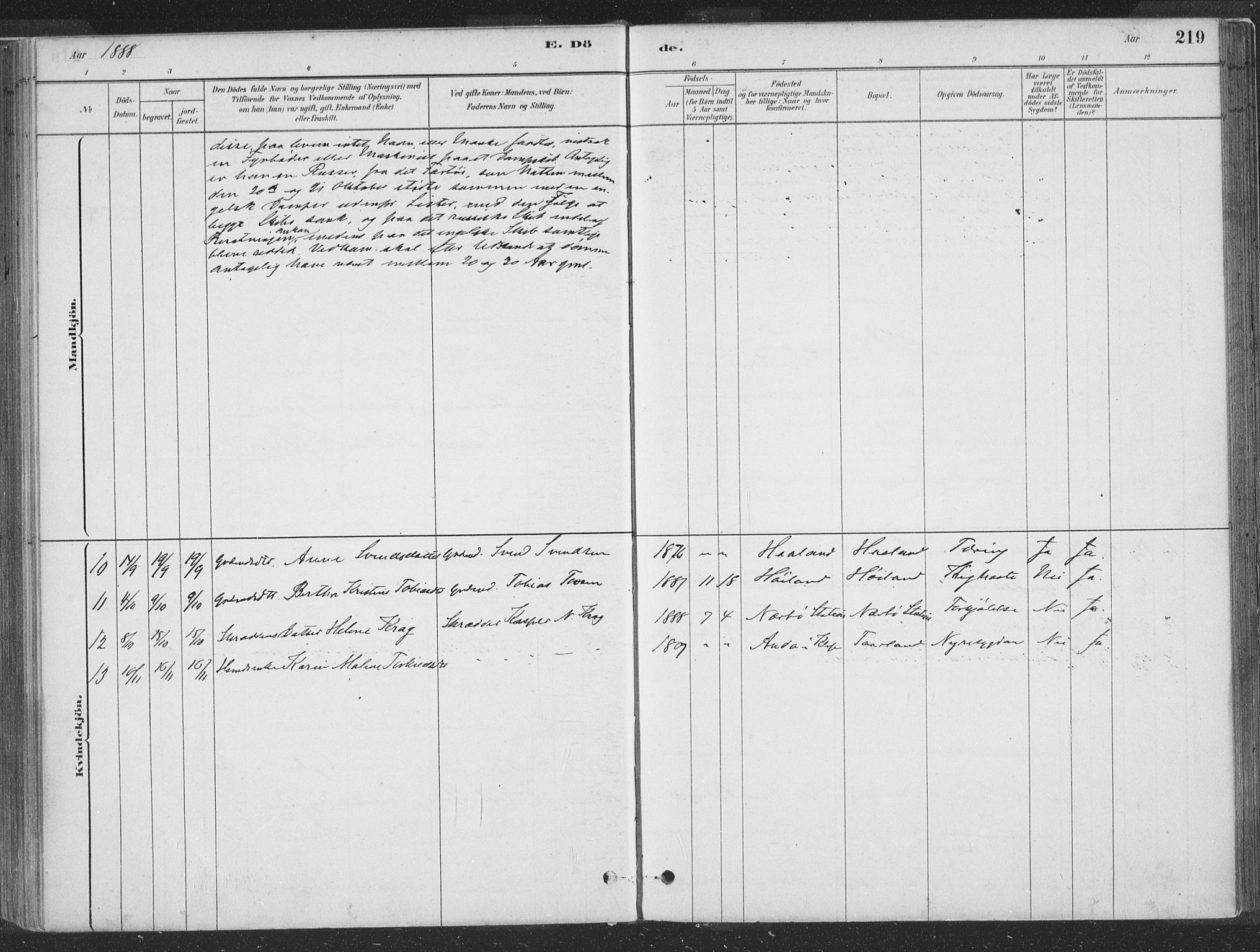 Hå sokneprestkontor, AV/SAST-A-101801/001/30BA/L0010: Parish register (official) no. A 9, 1879-1896, p. 219