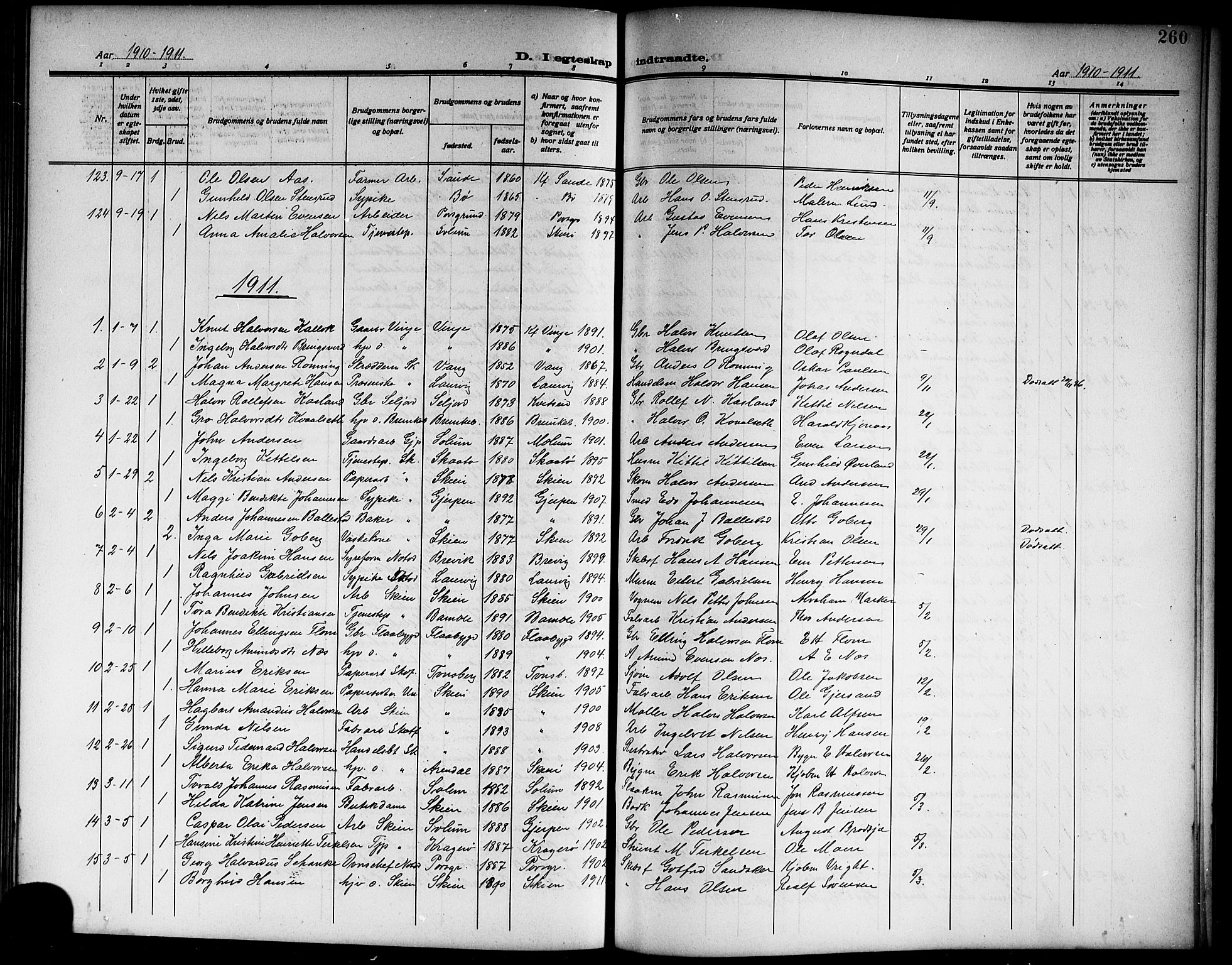 Skien kirkebøker, AV/SAKO-A-302/G/Ga/L0009: Parish register (copy) no. 9, 1910-1920, p. 260