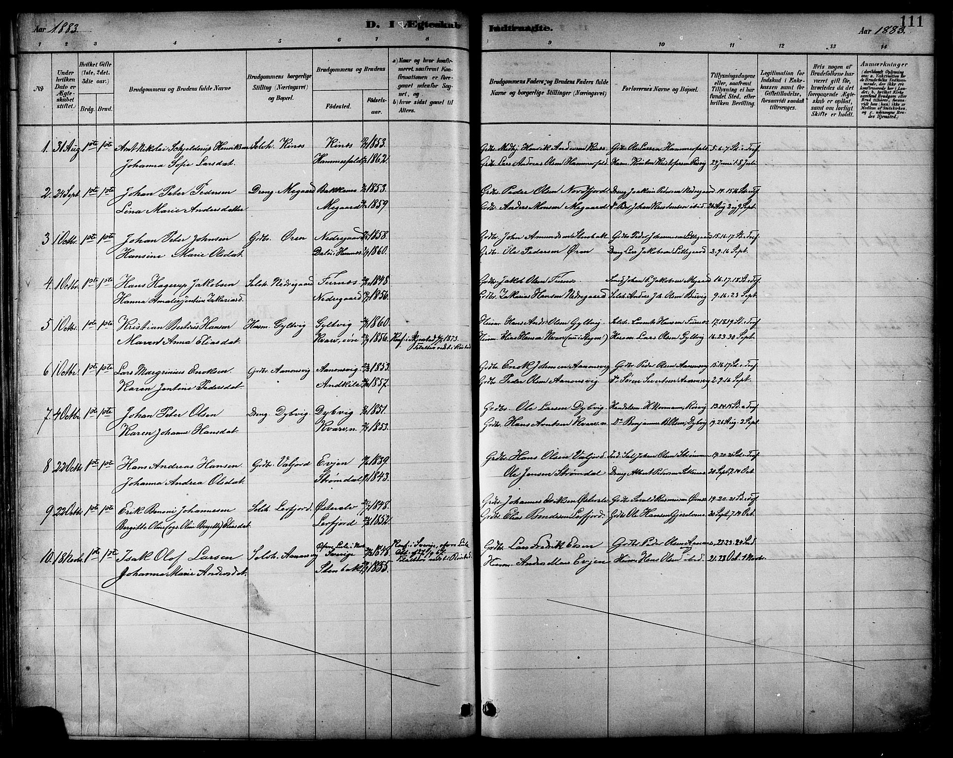 Ministerialprotokoller, klokkerbøker og fødselsregistre - Nordland, SAT/A-1459/854/L0777: Parish register (official) no. 854A01 /1, 1883-1891, p. 111