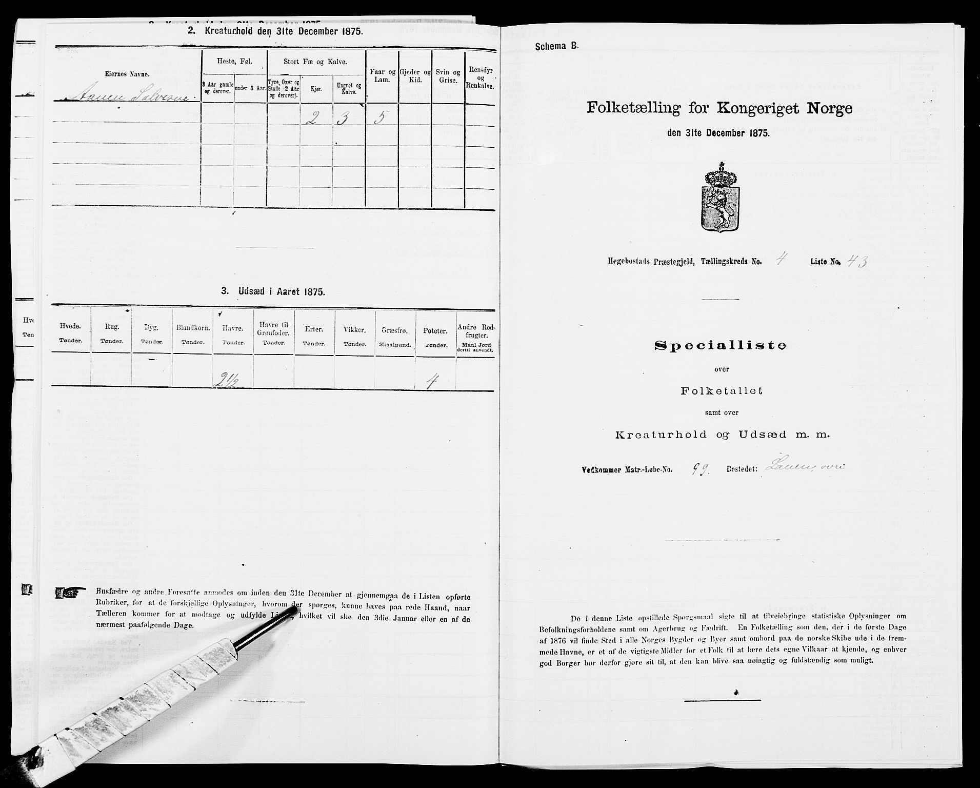 SAK, 1875 census for 1034P Hægebostad, 1875, p. 433