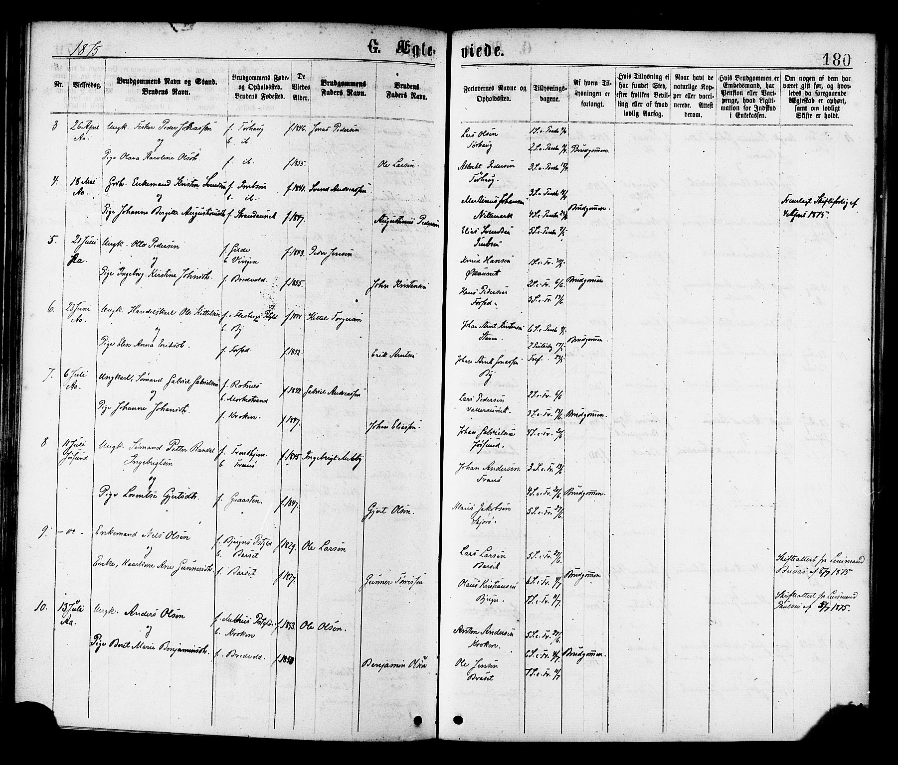 Ministerialprotokoller, klokkerbøker og fødselsregistre - Sør-Trøndelag, AV/SAT-A-1456/655/L0679: Parish register (official) no. 655A08, 1873-1879, p. 180