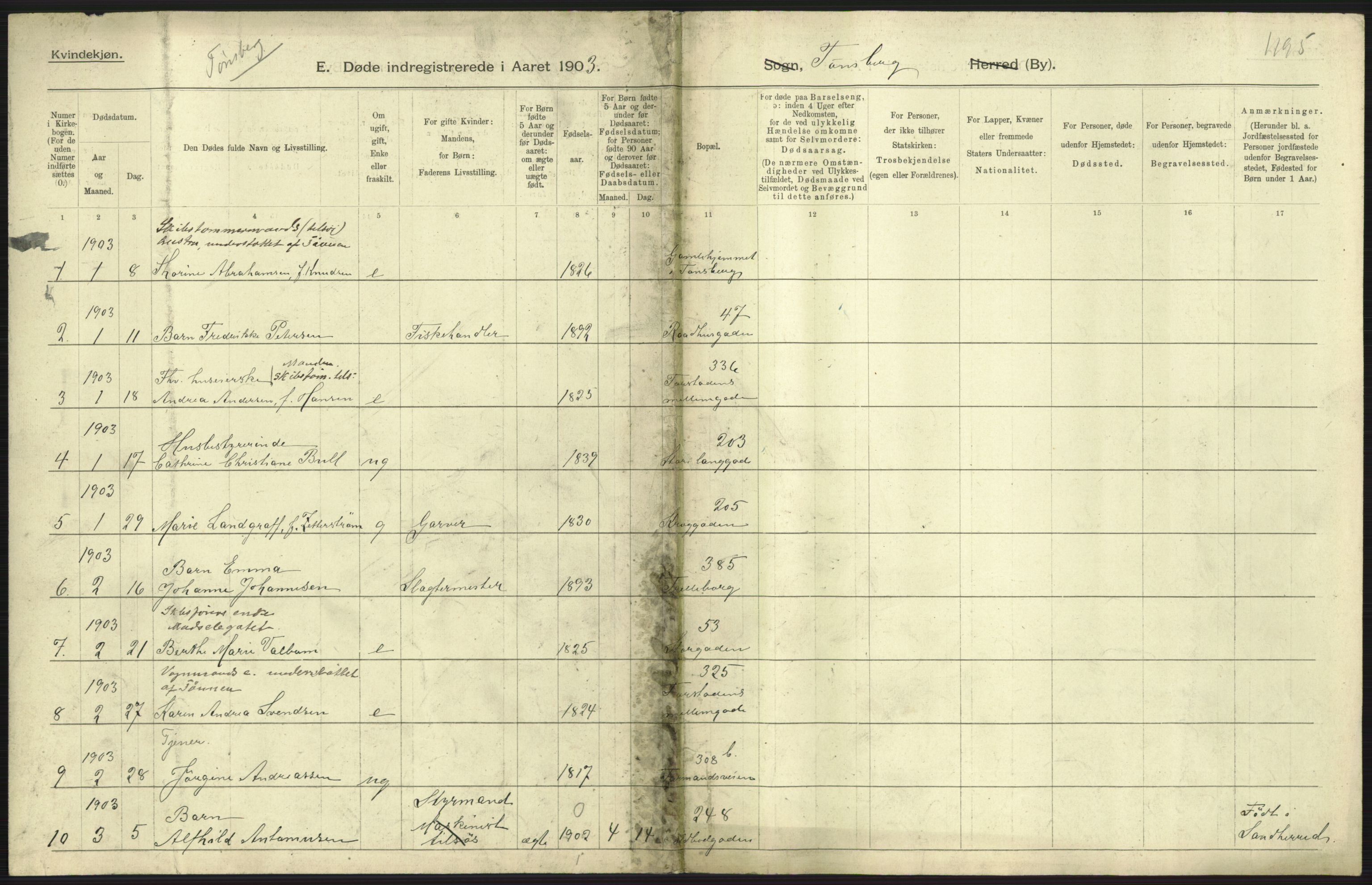 Statistisk sentralbyrå, Sosiodemografiske emner, Befolkning, AV/RA-S-2228/D/Df/Dfa/Dfaa/L0008: Jarlsberg og Larvik amt: Fødte, gifte, døde, 1903, p. 647