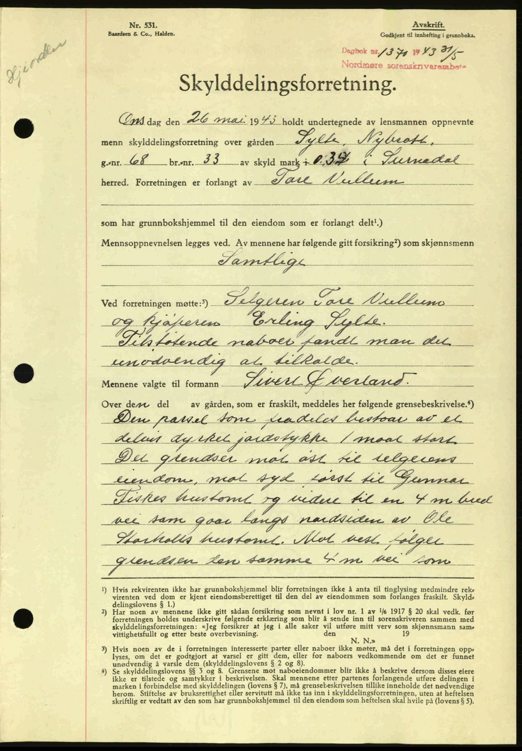 Nordmøre sorenskriveri, AV/SAT-A-4132/1/2/2Ca: Mortgage book no. A95, 1943-1943, Diary no: : 1370/1943