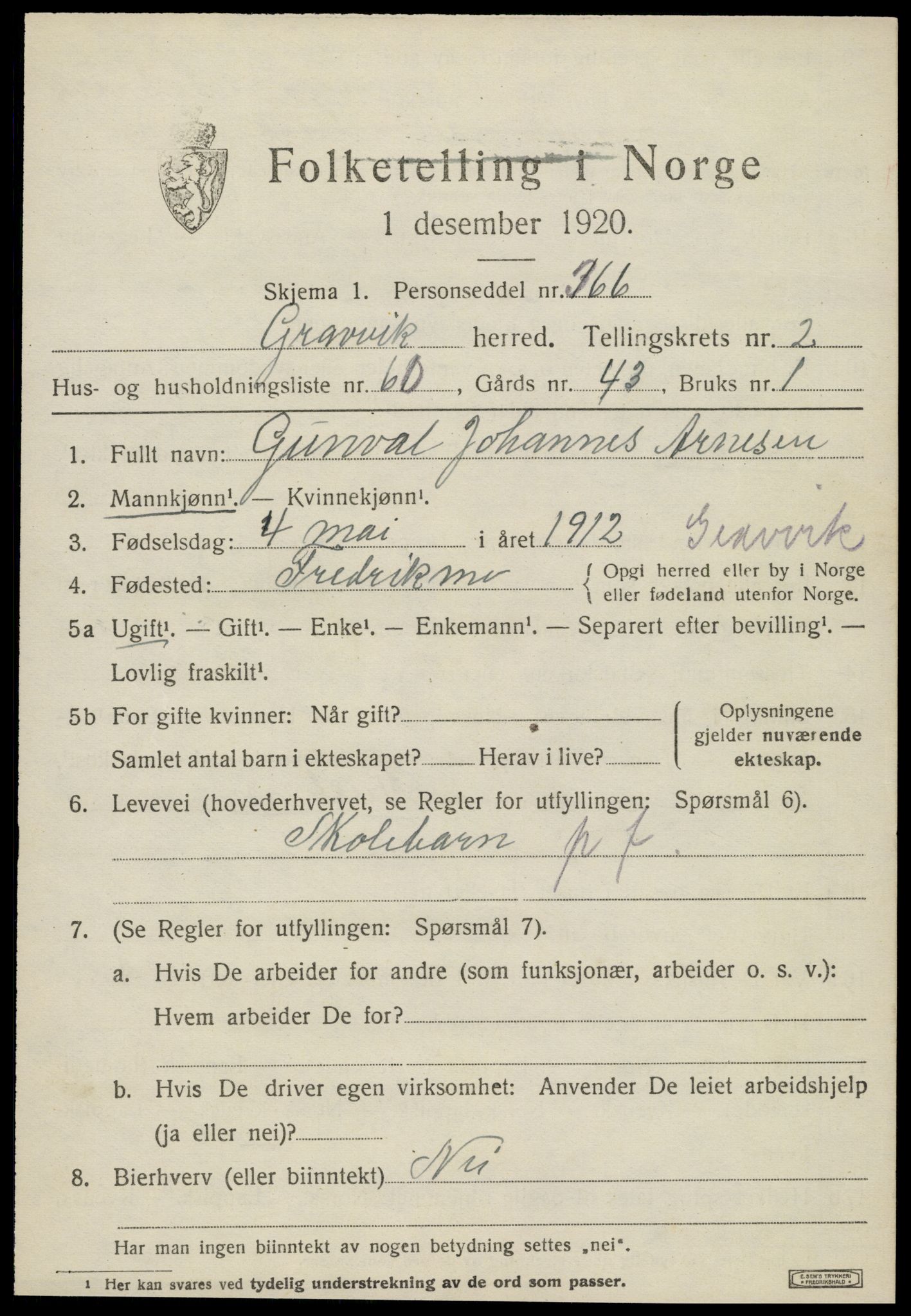 SAT, 1920 census for Gravvik, 1920, p. 1596