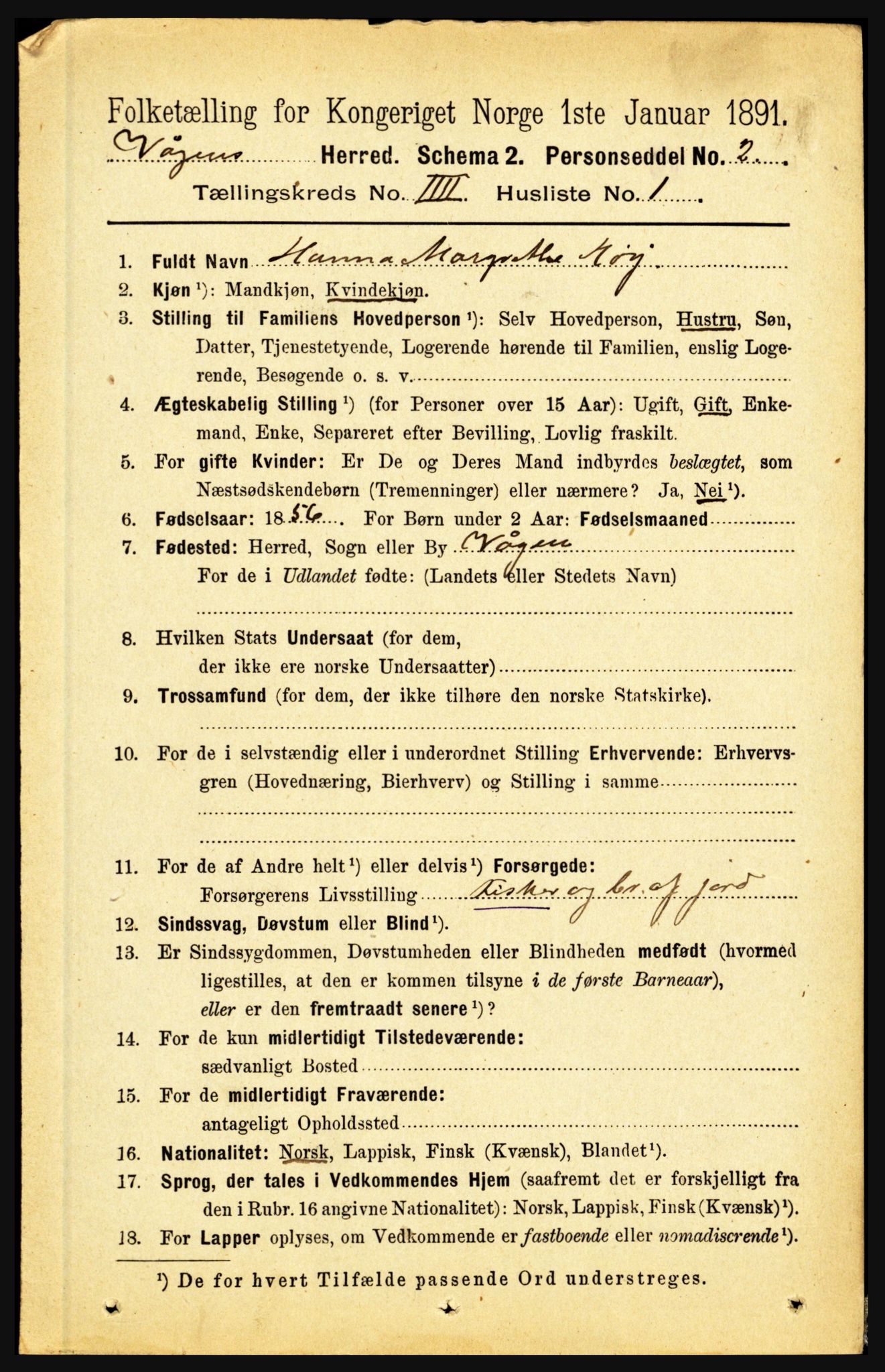 RA, 1891 census for 1865 Vågan, 1891, p. 938