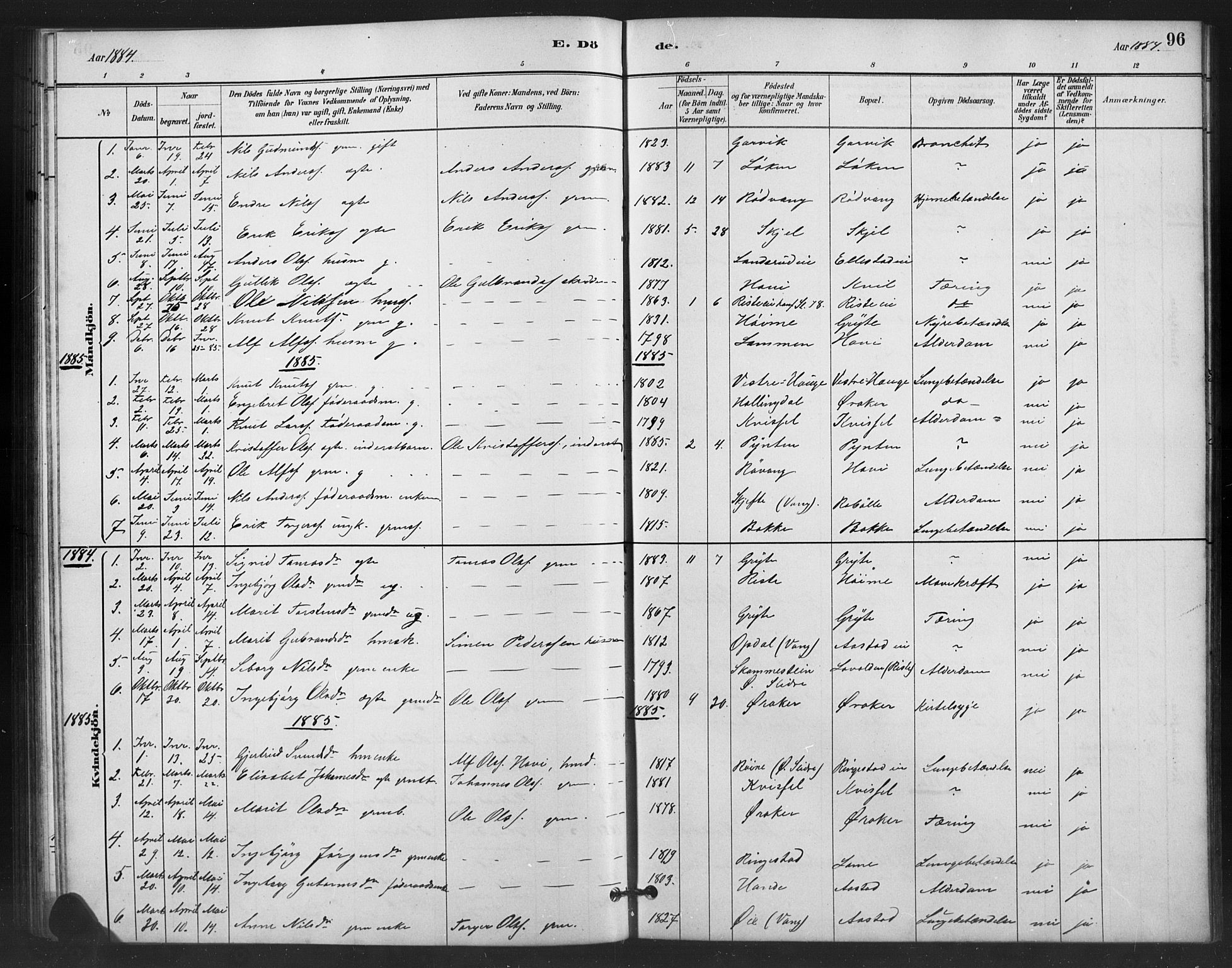 Vestre Slidre prestekontor, SAH/PREST-136/H/Ha/Hab/L0006: Parish register (copy) no. 6, 1881-1915, p. 96