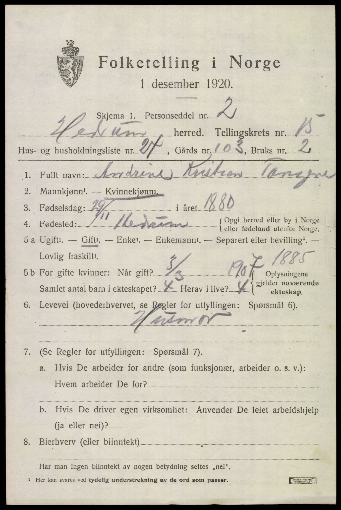 SAKO, 1920 census for Hedrum, 1920, p. 10223