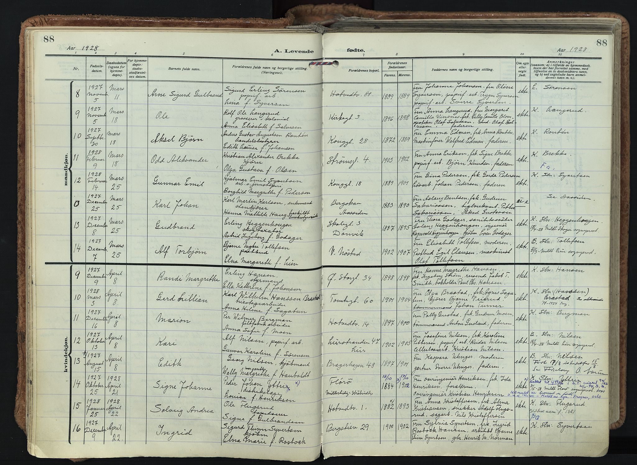 Bragernes kirkebøker, AV/SAKO-A-6/F/Fb/L0011: Parish register (official) no. II 11, 1922-1945, p. 88