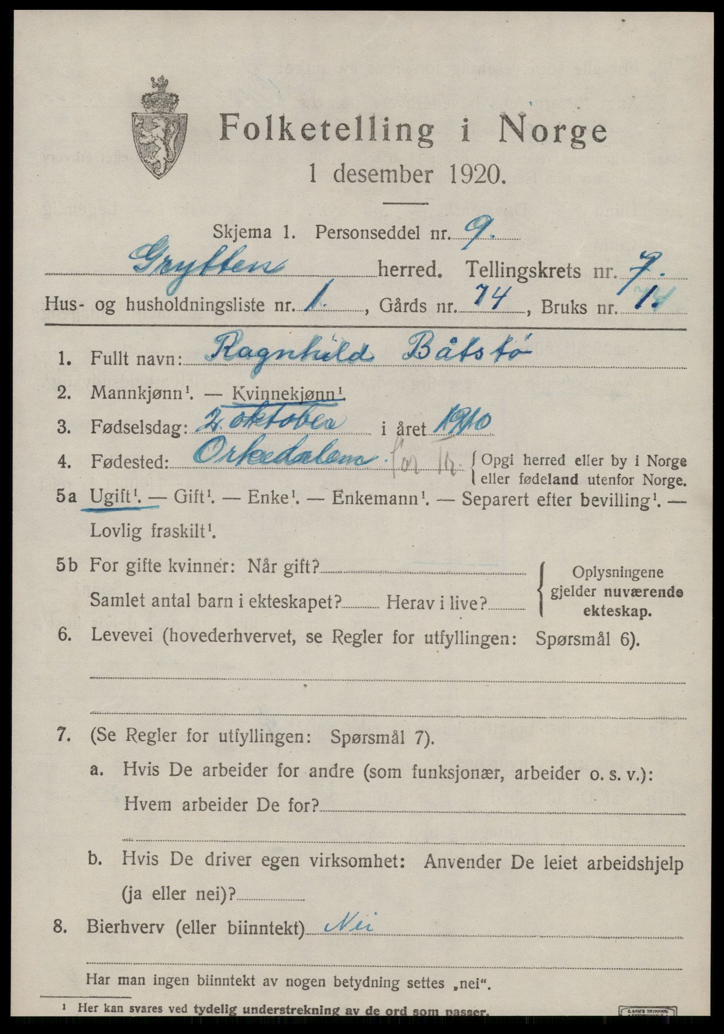 SAT, 1920 census for Grytten, 1920, p. 4840