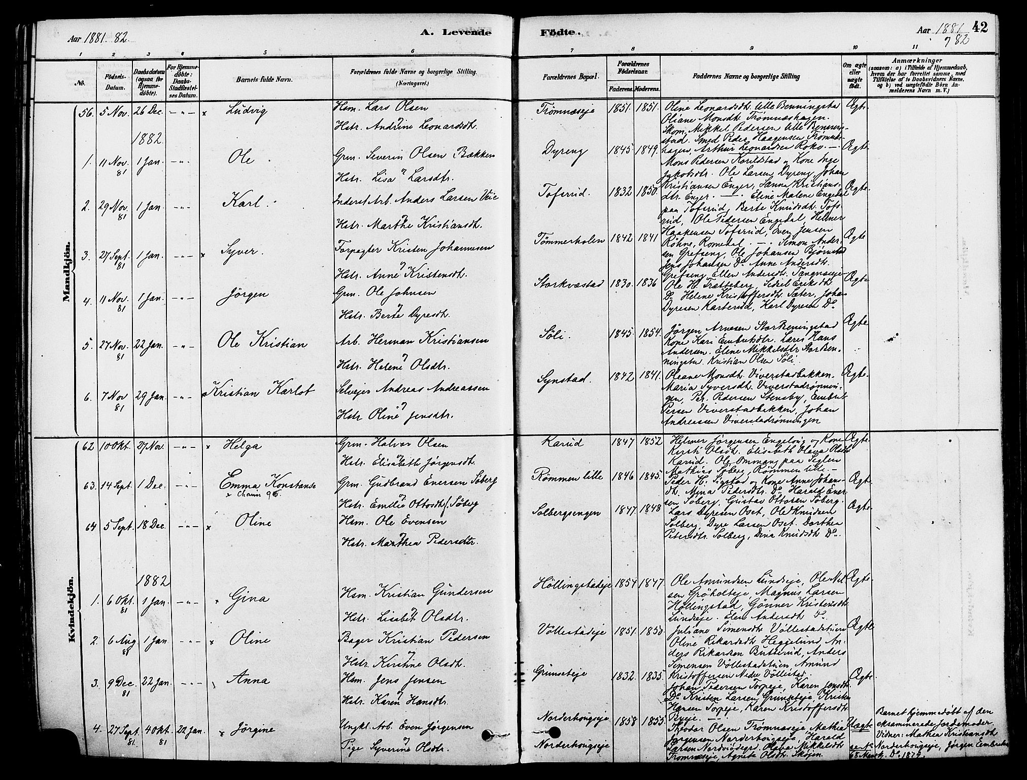 Løten prestekontor, AV/SAH-PREST-022/K/Ka/L0009: Parish register (official) no. 9, 1878-1891, p. 42