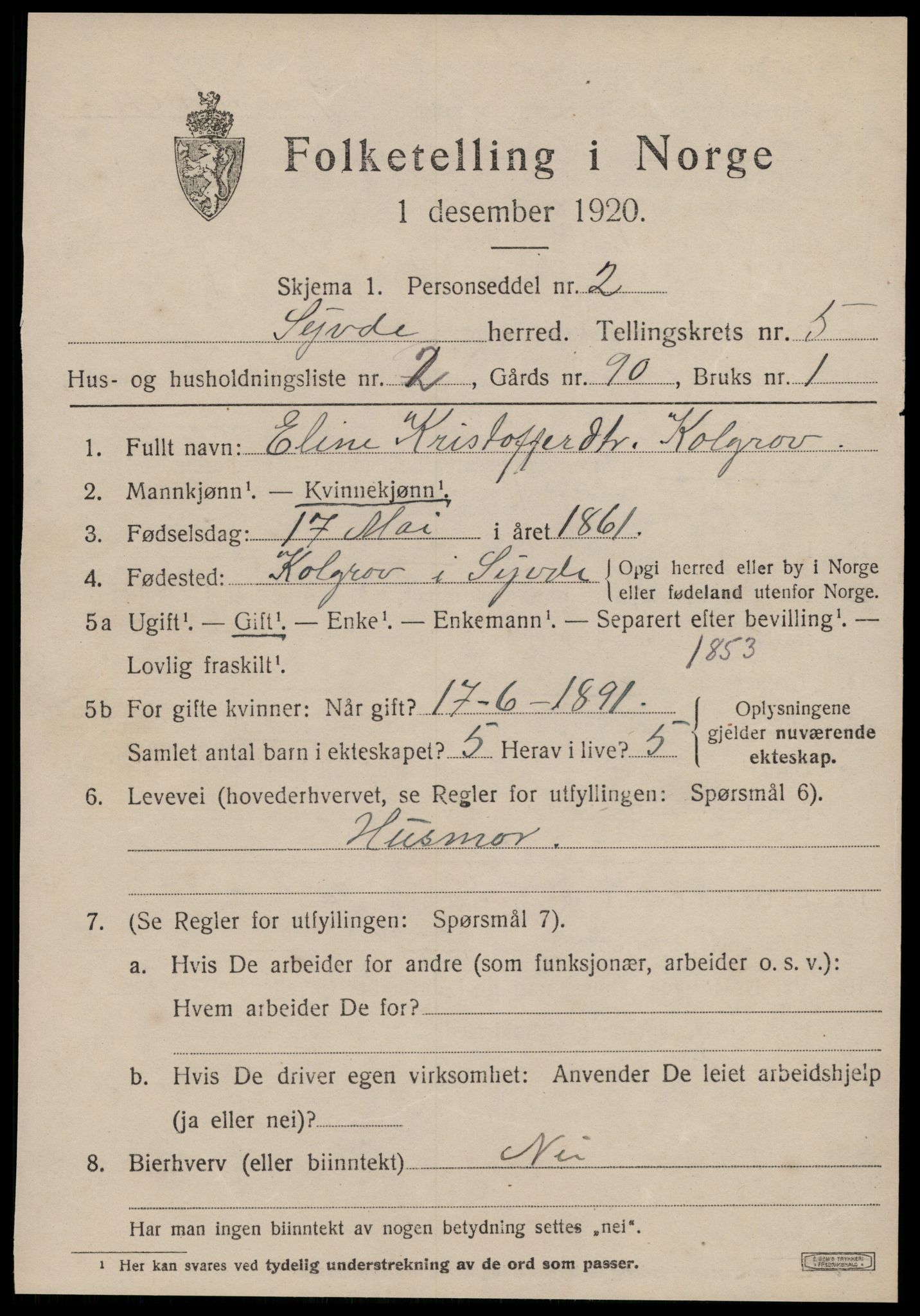 SAT, 1920 census for Syvde, 1920, p. 1854