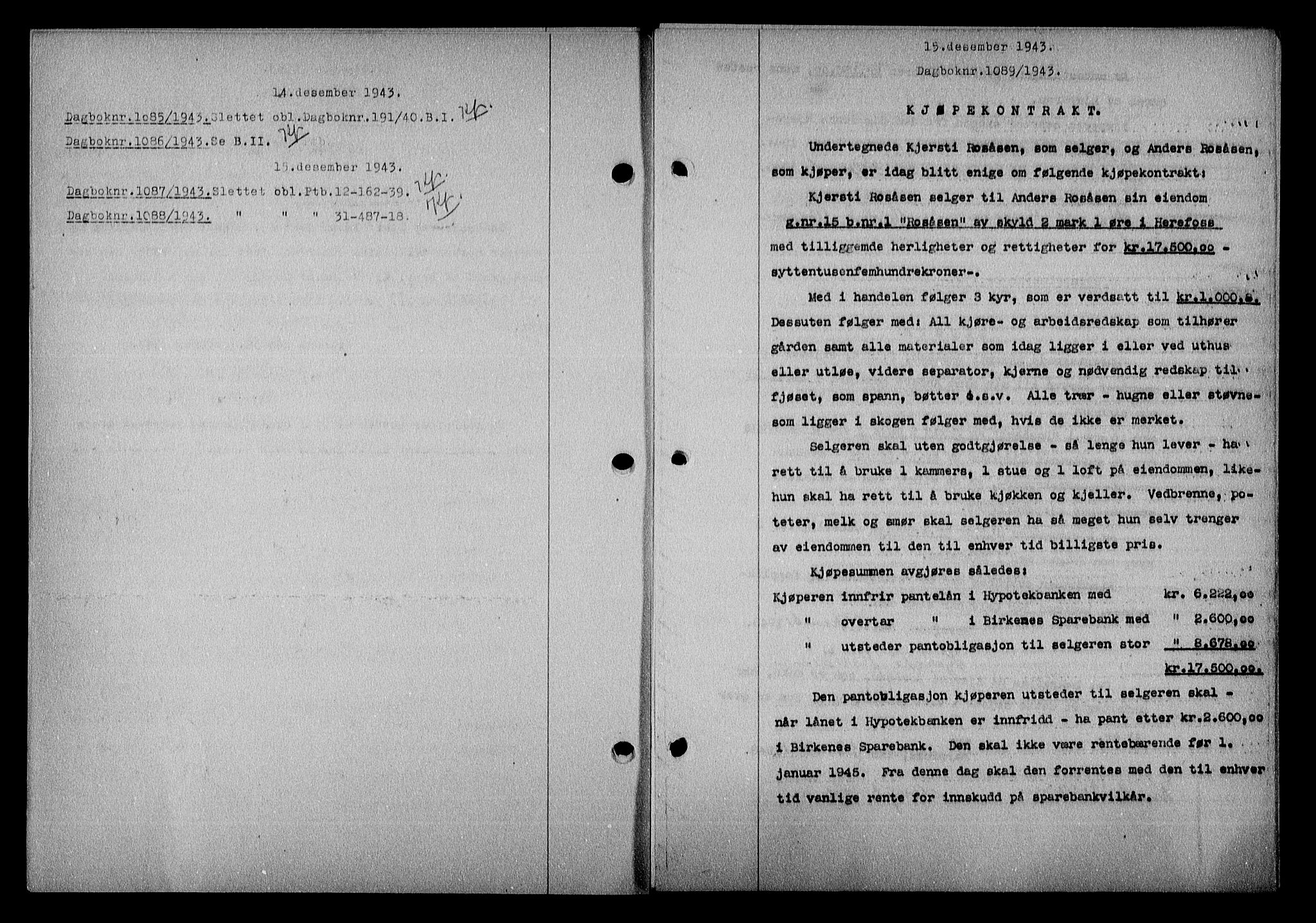 Nedenes sorenskriveri, AV/SAK-1221-0006/G/Gb/Gba/L0051: Mortgage book no. A-V, 1943-1944, Diary no: : 1089/1943