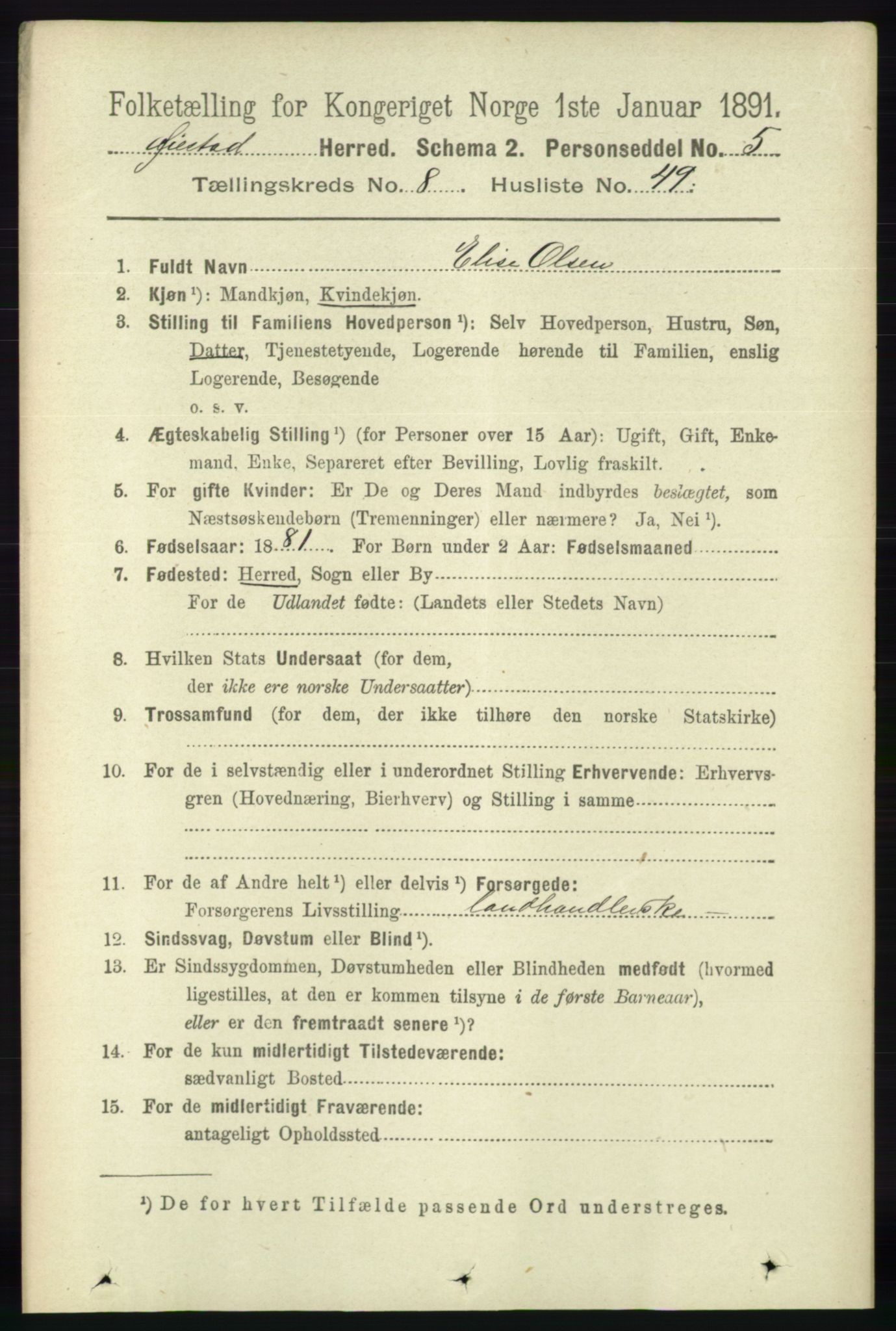 RA, 1891 census for 0920 Øyestad, 1891, p. 3466