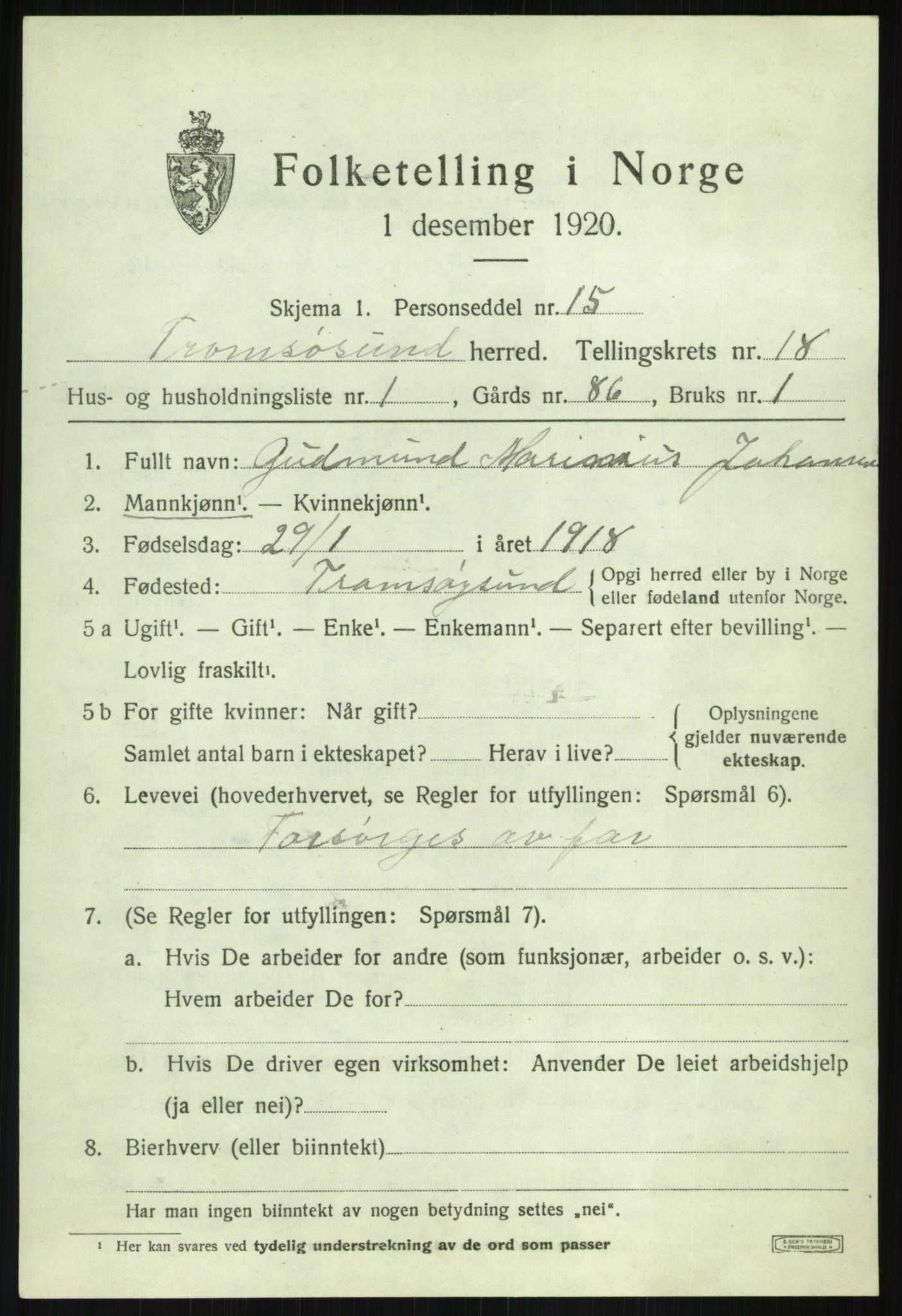 SATØ, 1920 census for Tromsøysund, 1920, p. 9950