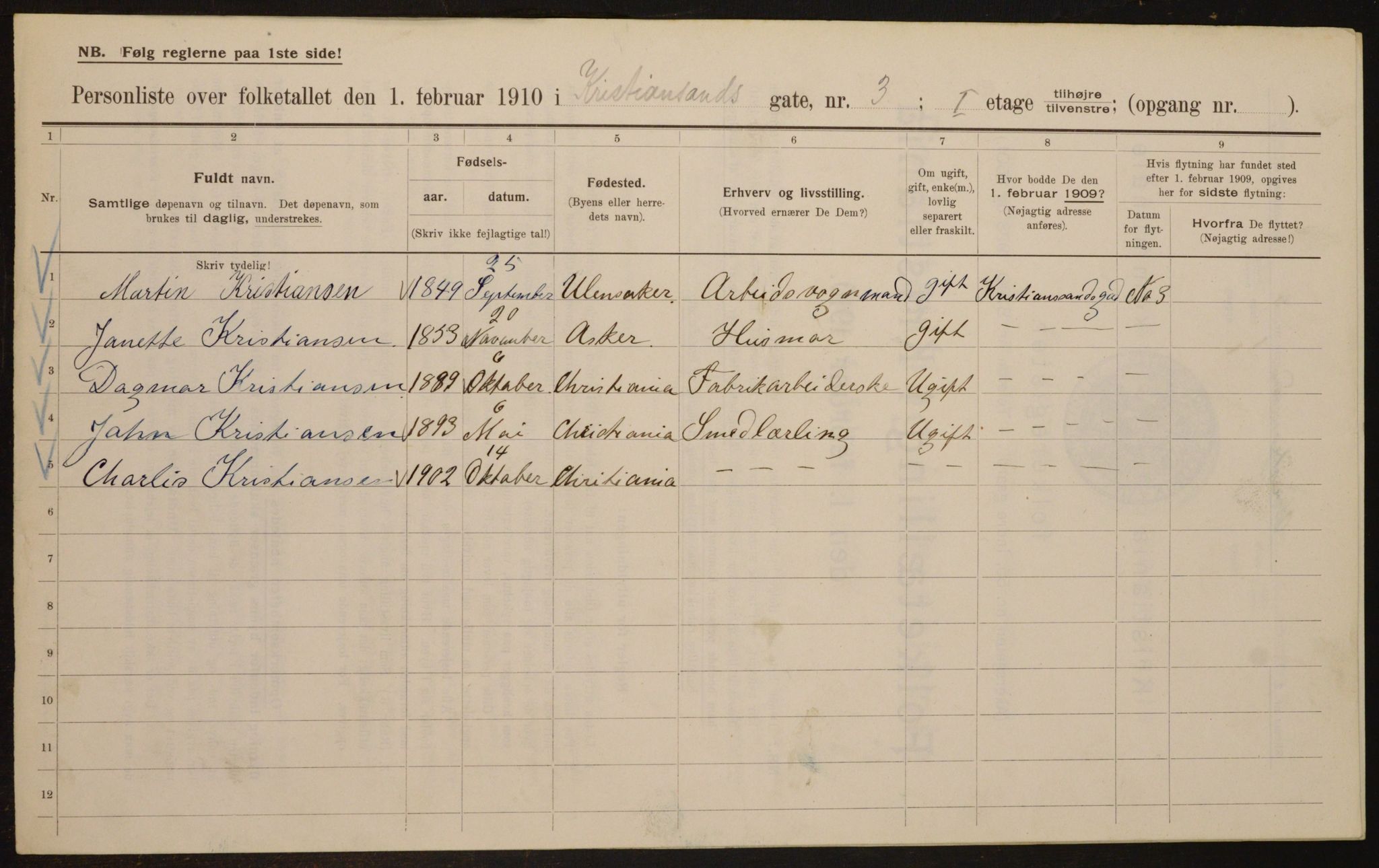 OBA, Municipal Census 1910 for Kristiania, 1910, p. 52653