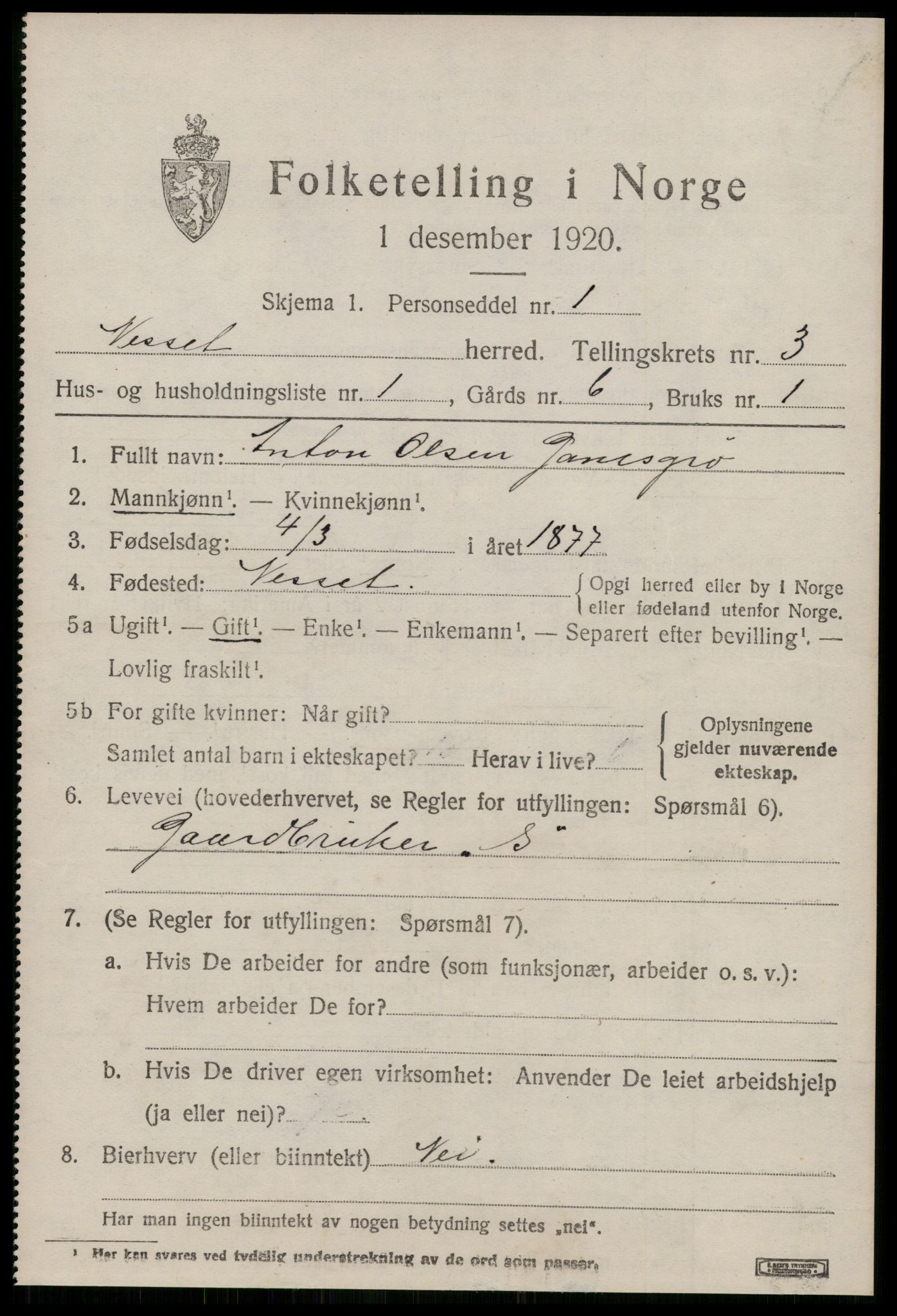 SAT, 1920 census for Nesset, 1920, p. 1290