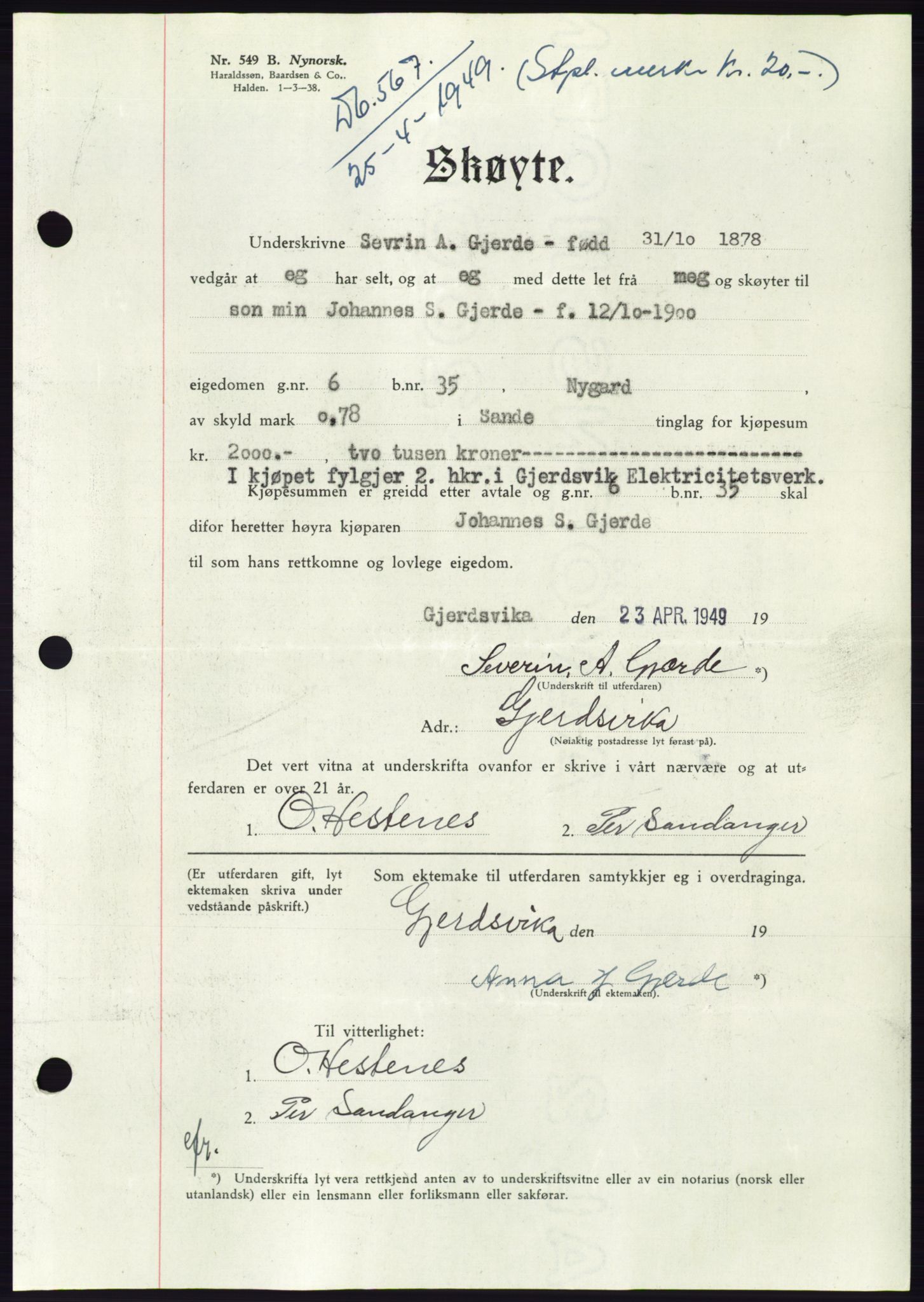 Søre Sunnmøre sorenskriveri, AV/SAT-A-4122/1/2/2C/L0084: Mortgage book no. 10A, 1949-1949, Diary no: : 567/1949