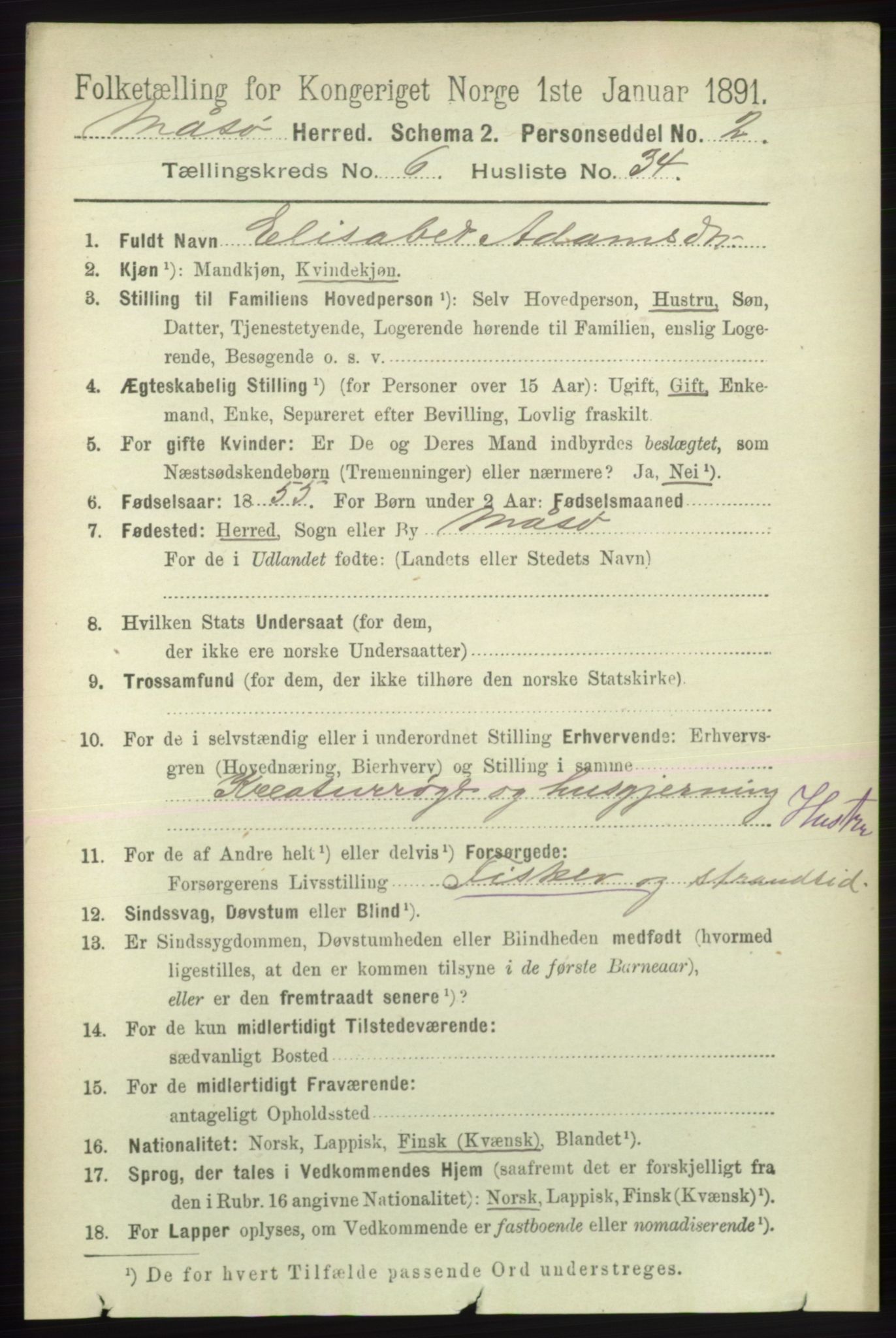 RA, 1891 census for 2018 Måsøy, 1891, p. 1318