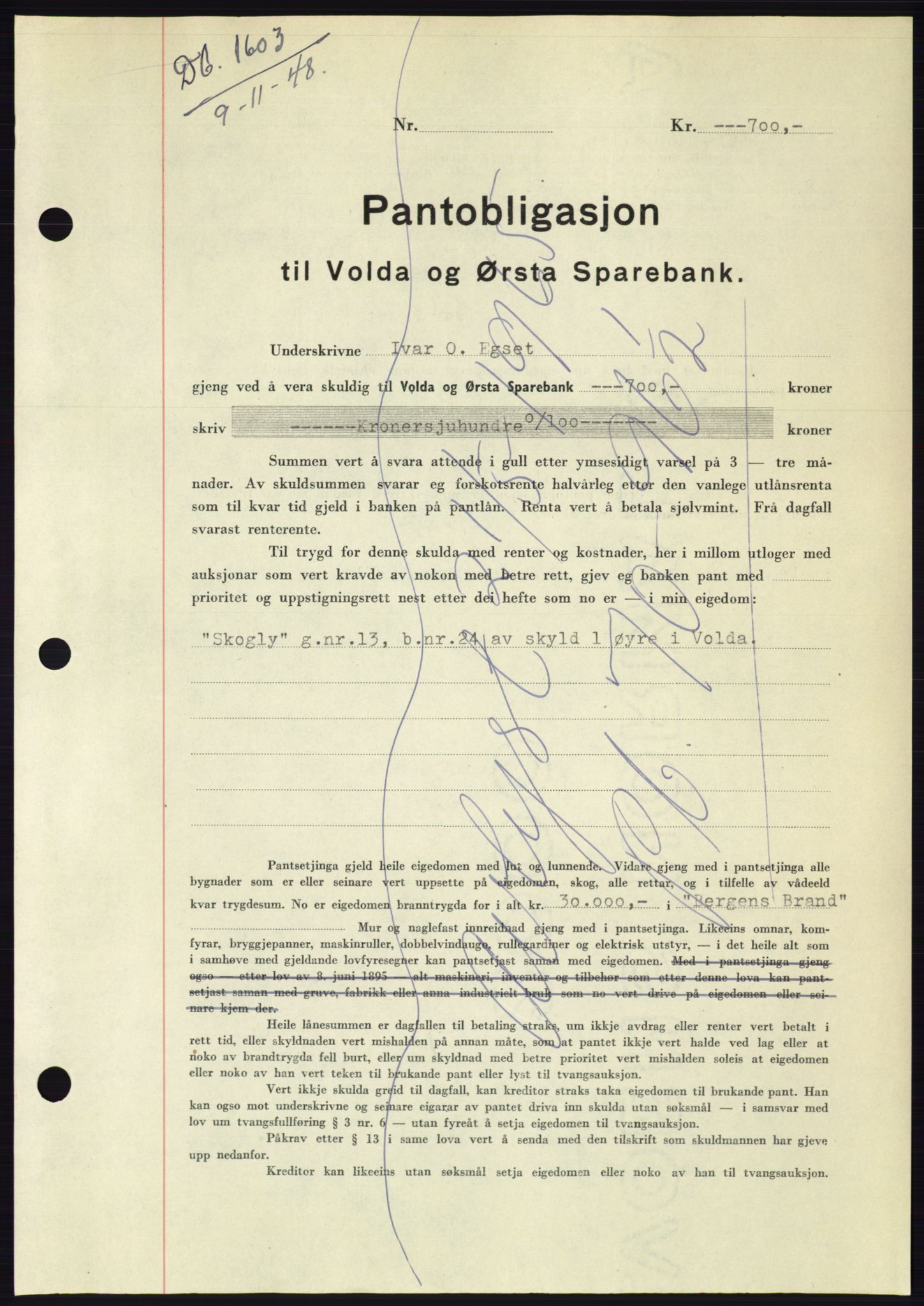 Søre Sunnmøre sorenskriveri, AV/SAT-A-4122/1/2/2C/L0116: Mortgage book no. 4B, 1948-1949, Diary no: : 1603/1948