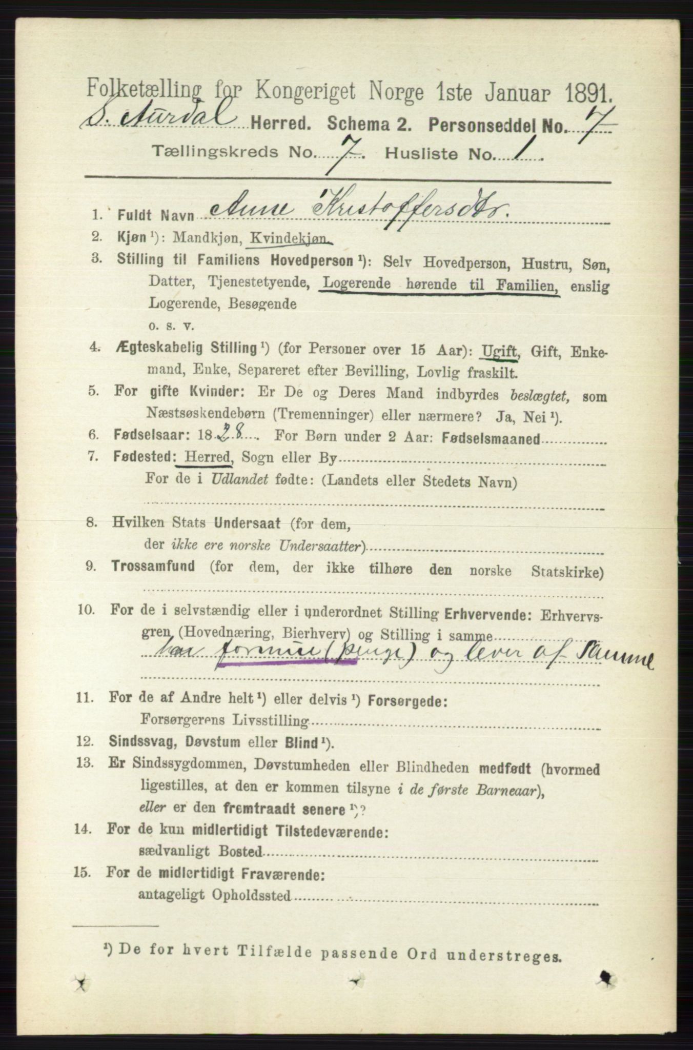 RA, 1891 census for 0540 Sør-Aurdal, 1891, p. 4404