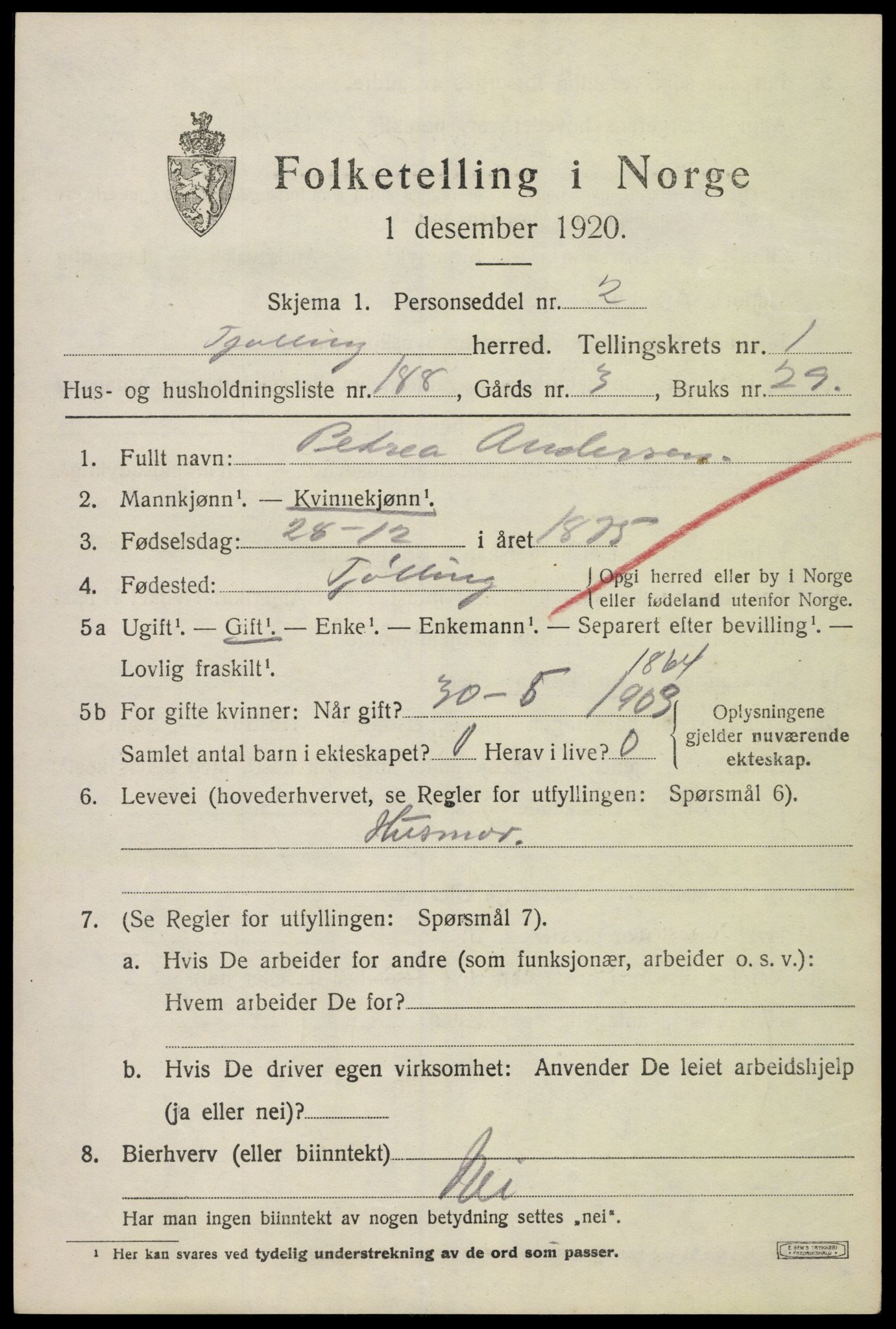 SAKO, 1920 census for Tjølling, 1920, p. 3705