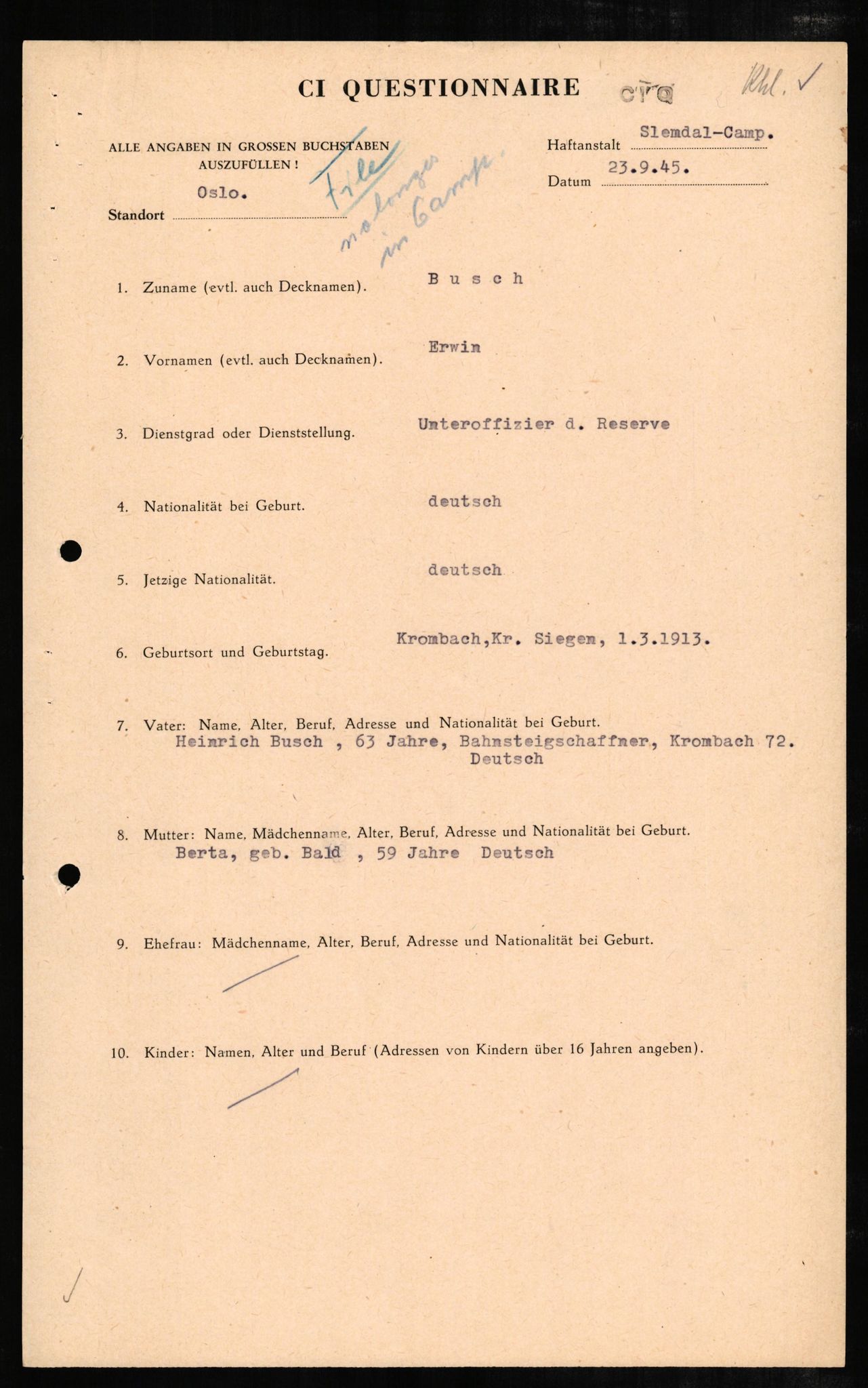 Forsvaret, Forsvarets overkommando II, AV/RA-RAFA-3915/D/Db/L0005: CI Questionaires. Tyske okkupasjonsstyrker i Norge. Tyskere., 1945-1946, p. 4