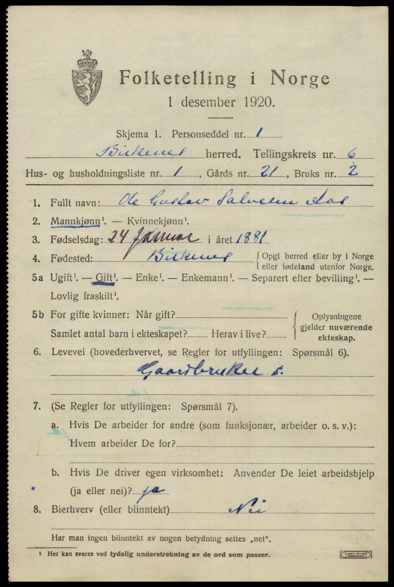 SAK, 1920 census for Birkenes, 1920, p. 3713