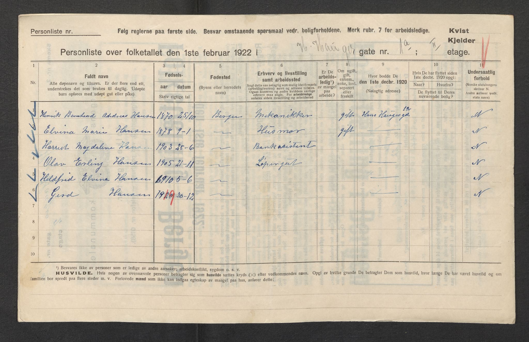 SAB, Municipal Census 1922 for Bergen, 1922, p. 12115